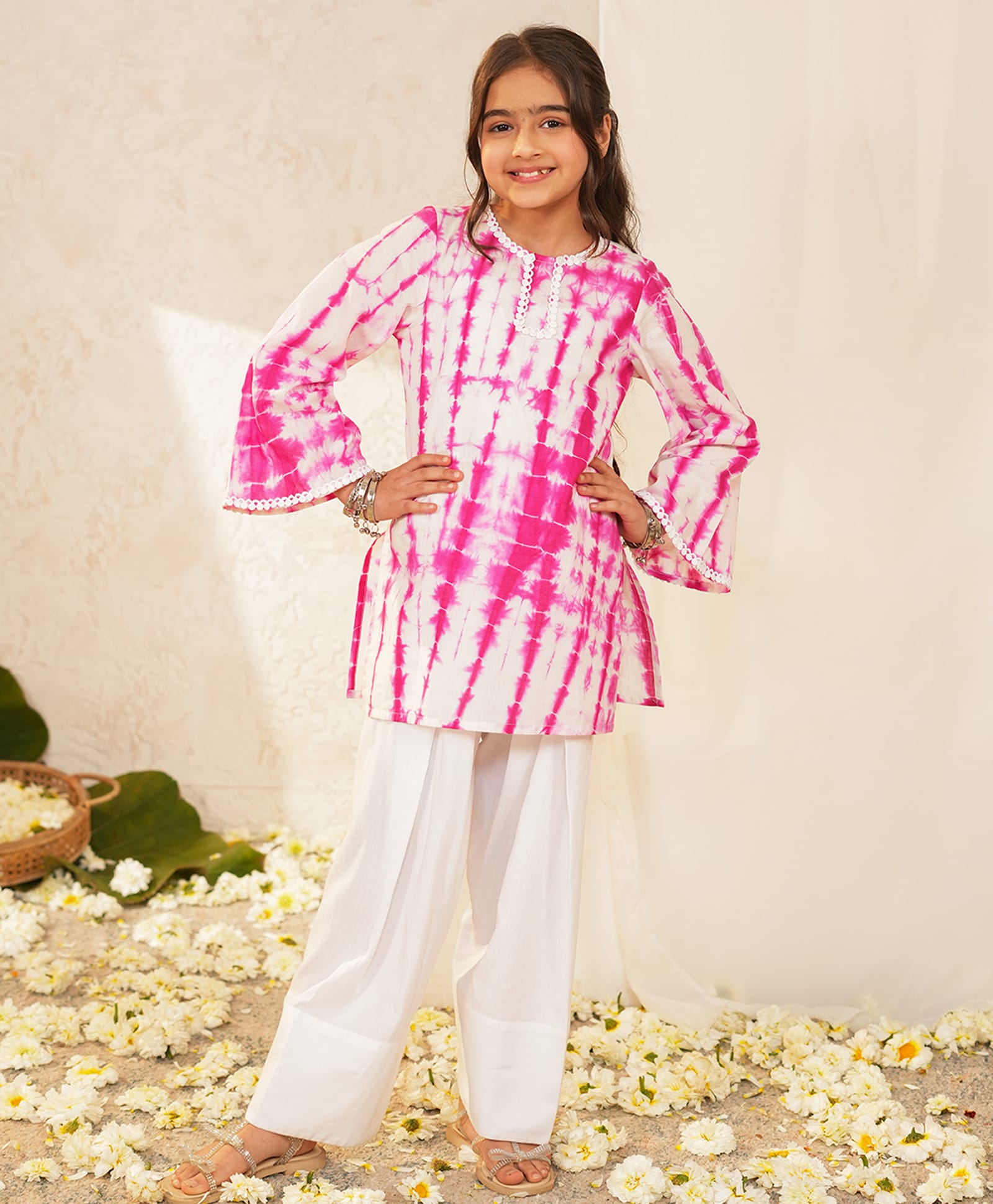 Pspeaches Cotton Woven Full Sleeves Tie Dye Kurti Pyjama Set - Pink-picture-34