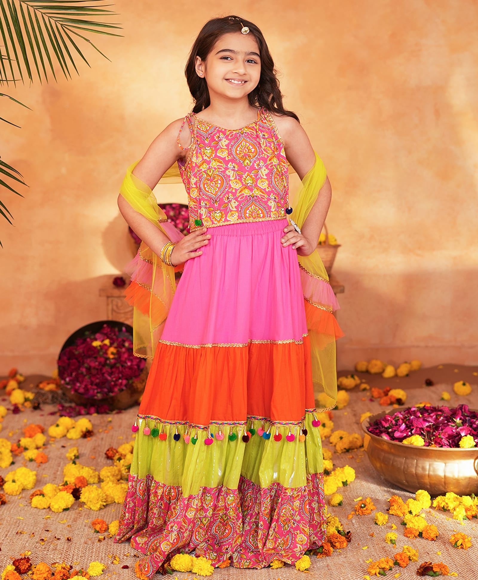 Pspeaches Cotton Woven Sleeveless Floral Swirl Printed Lehenga Choli Set With Dupatta - Orange-image-21