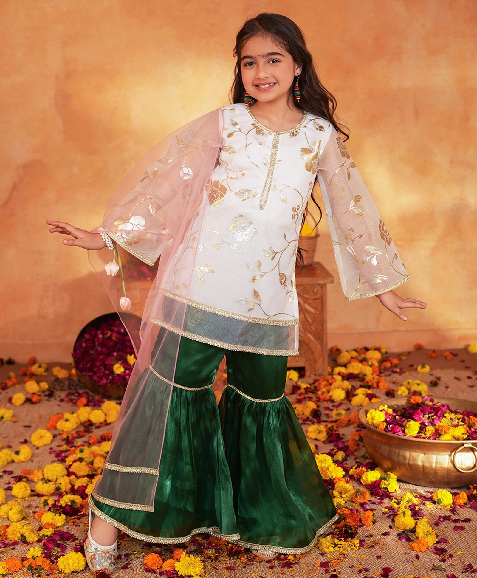 Pspeaches Woven Full Sleeves Floral Foil Printed Kurti & Sharara Set - Off White-picture-14