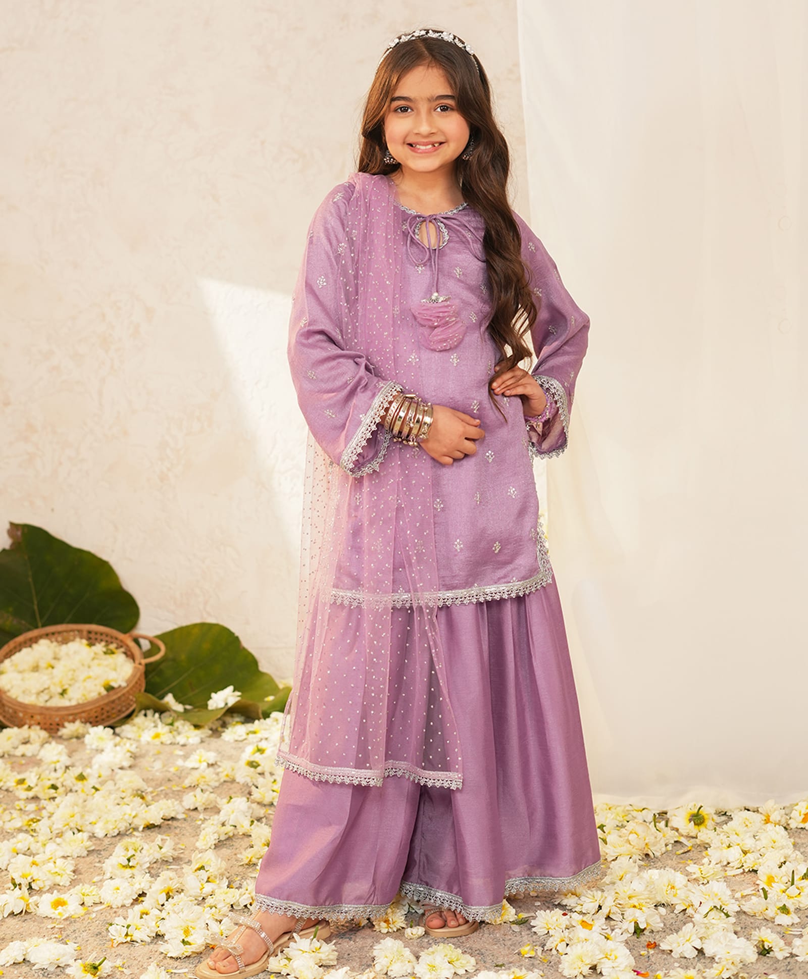 Pspeaches Woven Full Sleeves Sequins & Lace Embellished Kurti & Sharara With Dupatta Set - Purple-picture-33