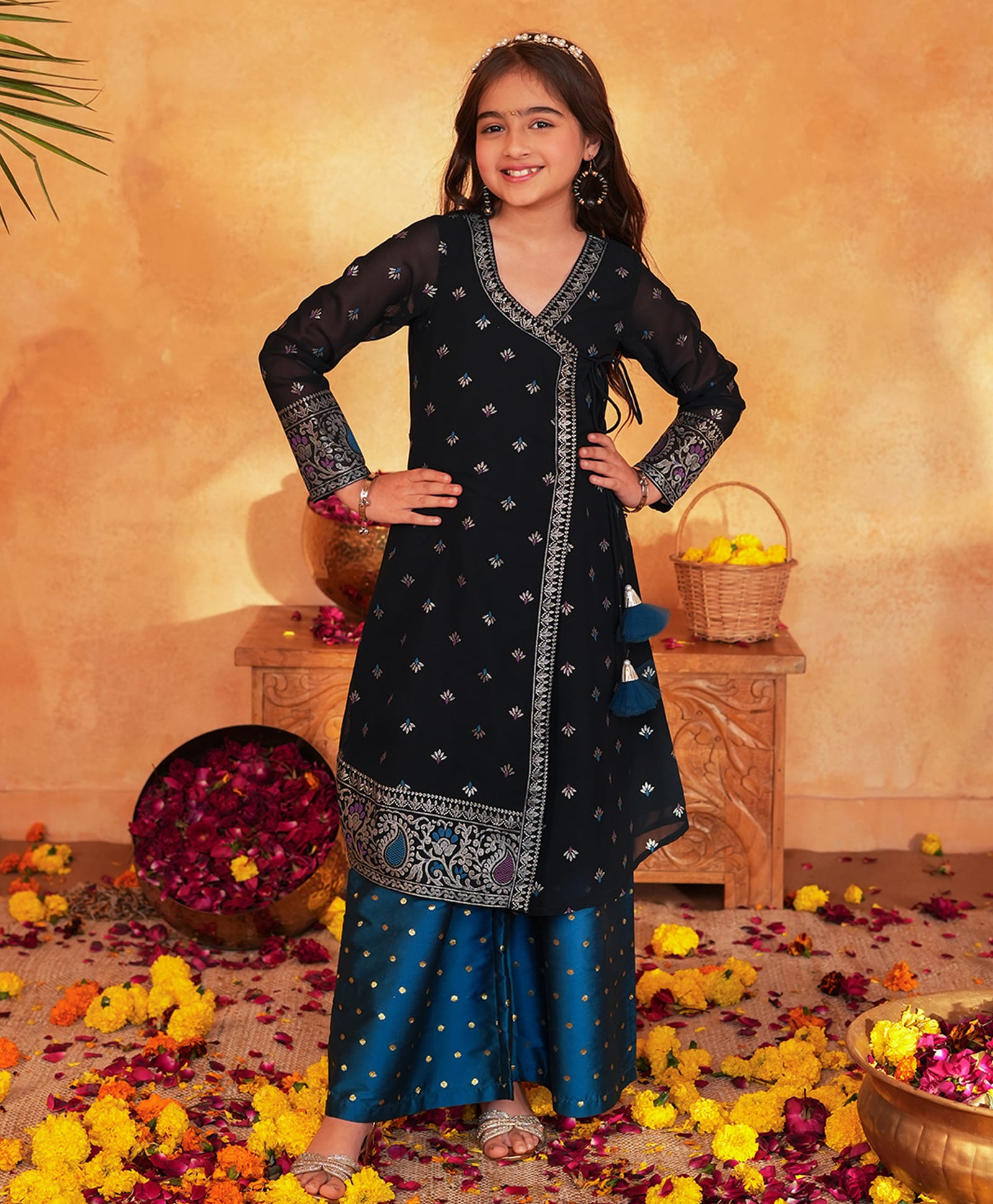 Pspeaches Georgette Woven Full Sleeves Ethnic Motifs Foil Printed Kurti & Palazzo Set - Blue-picture-24