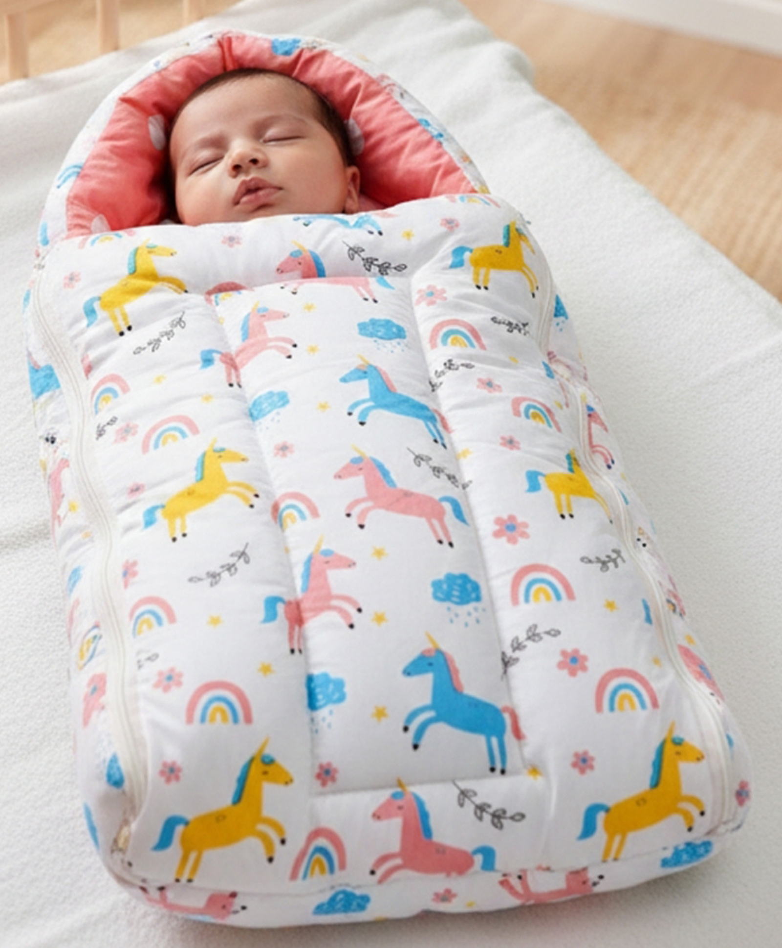 Playful Plunge Baby Carry Nest Unicorn Print 3 in 1 | Newborn Sleeping Bag cum Carry Nest & Mattress | Premium Cotton with Polyfill - Pink-picture-12