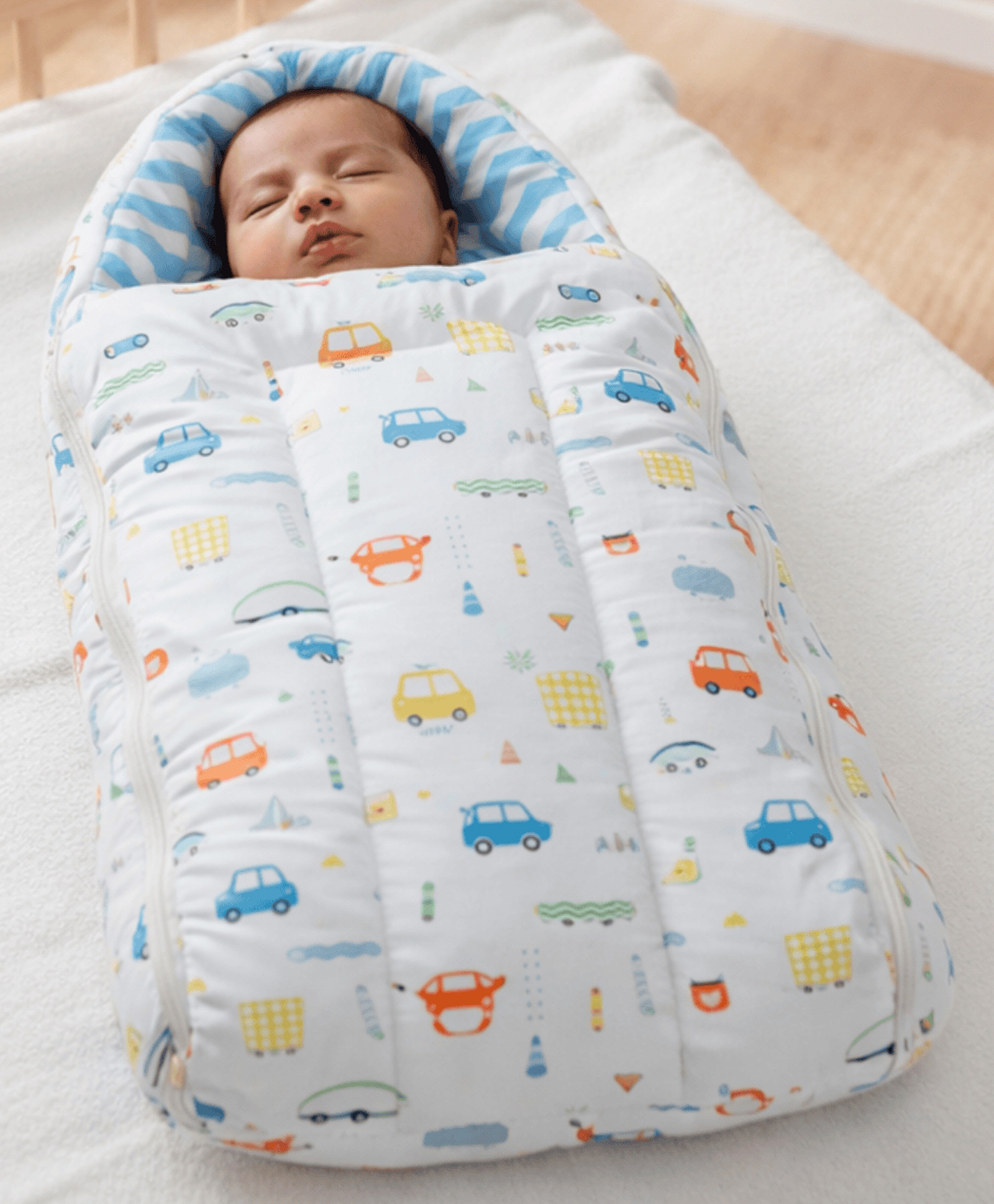 Playful Plunge Baby Carry Nest Car Print 3 in 1 | Newborn Sleeping Bag cum Carry Nest & Mattress | Premium Cotton with Polyfill - Blue-image-49