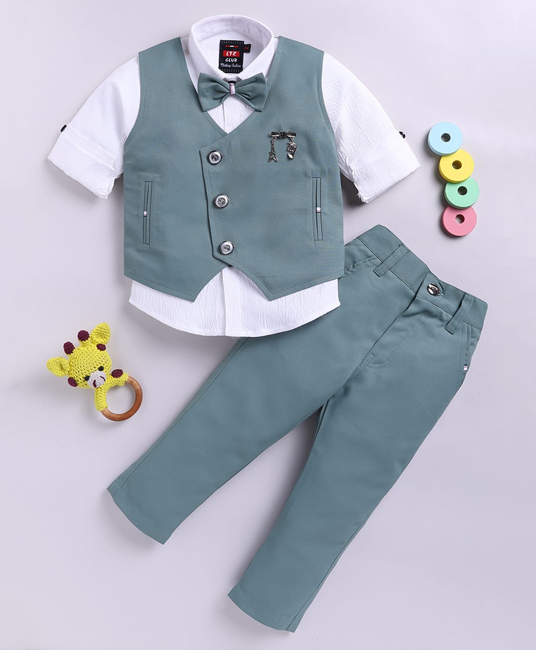 LTZ CLUB Cotton Blend Woven Full Sleeves Solid 3 Piece Party Suit Set With Bow - Pista Green-image-46