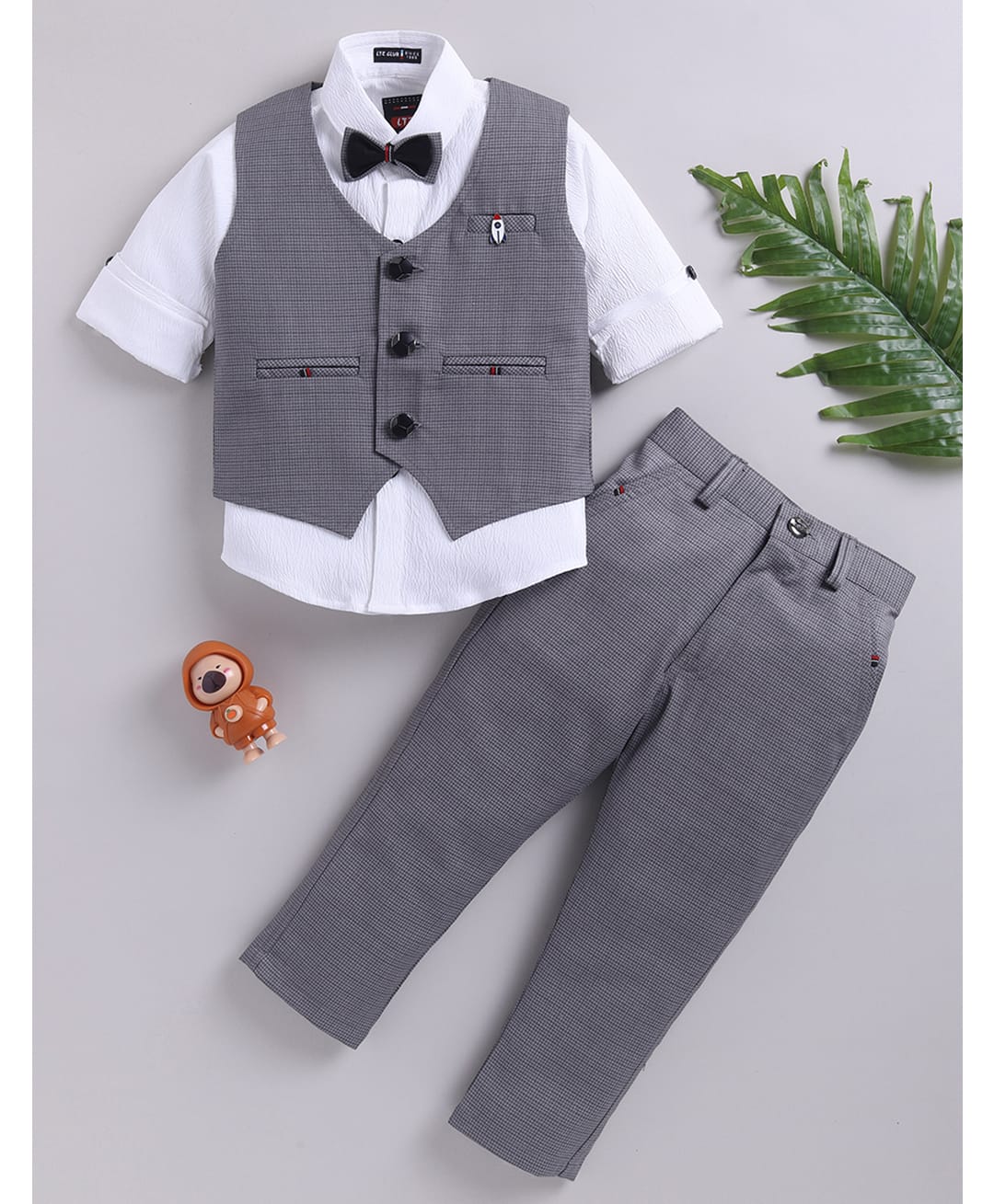LTZ CLUB Cotton Blend Woven Full Sleeves Textured 3 Piece Party Suit Set With Bow - Grey-image-47