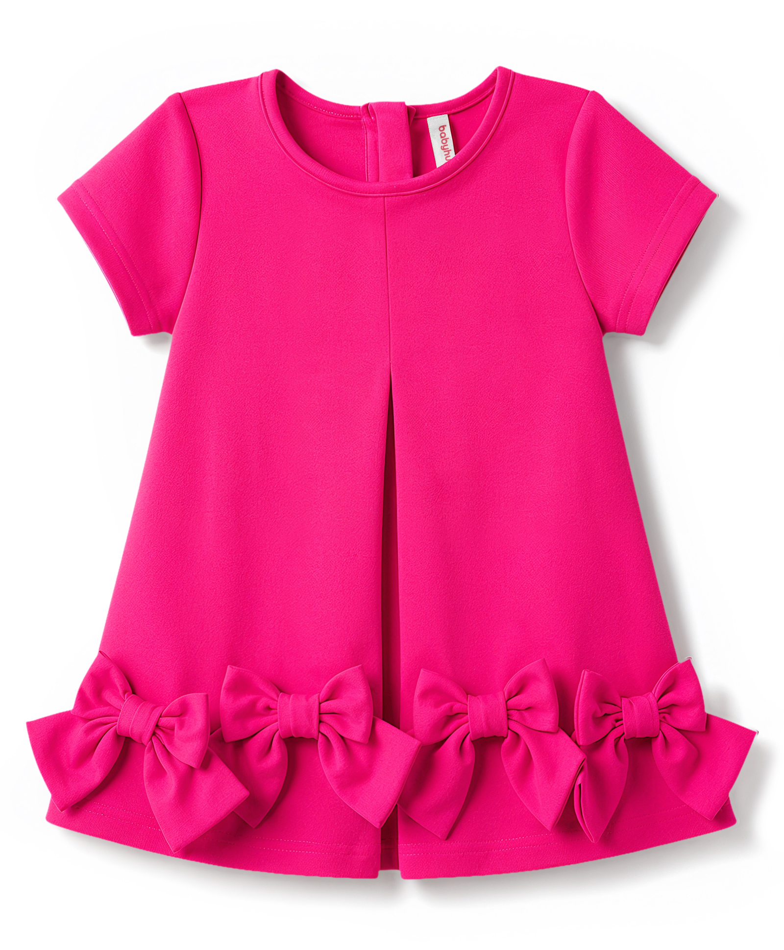 Babyhug Scuba Knit Half Sleeves Party Dress With Frill Detailing & Bow Applique - Dark Pink-image-35