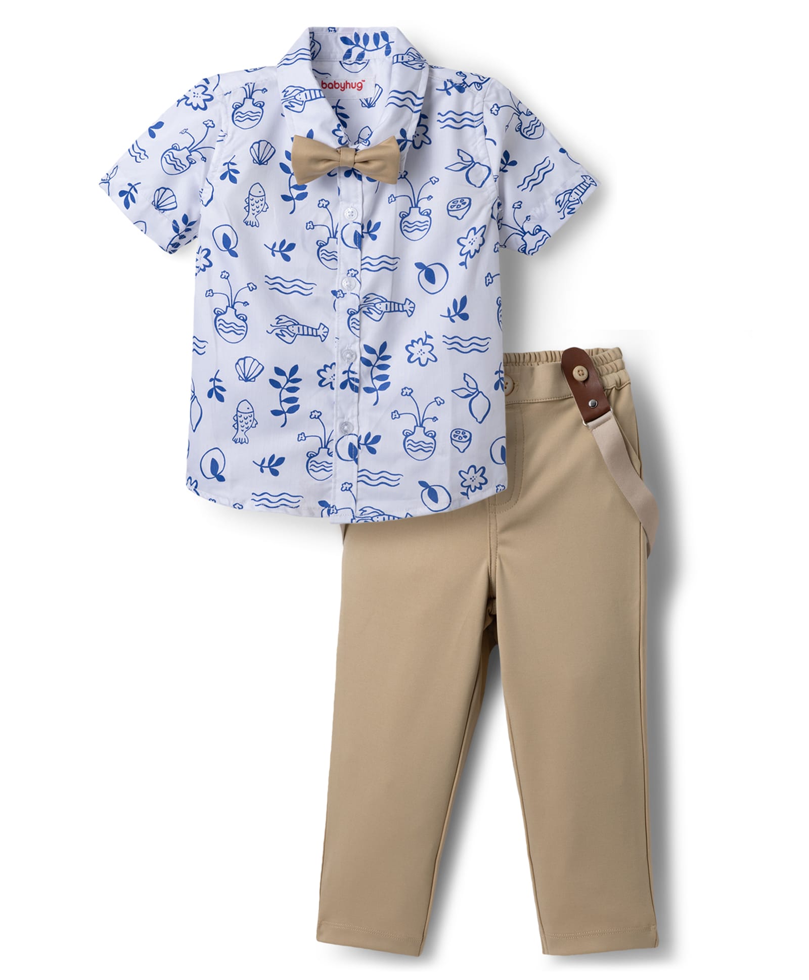 Babyhug Cotton Woven Half Sleeves Party Shirt & Pant With Bow & Suspender - White & Beige-image-10