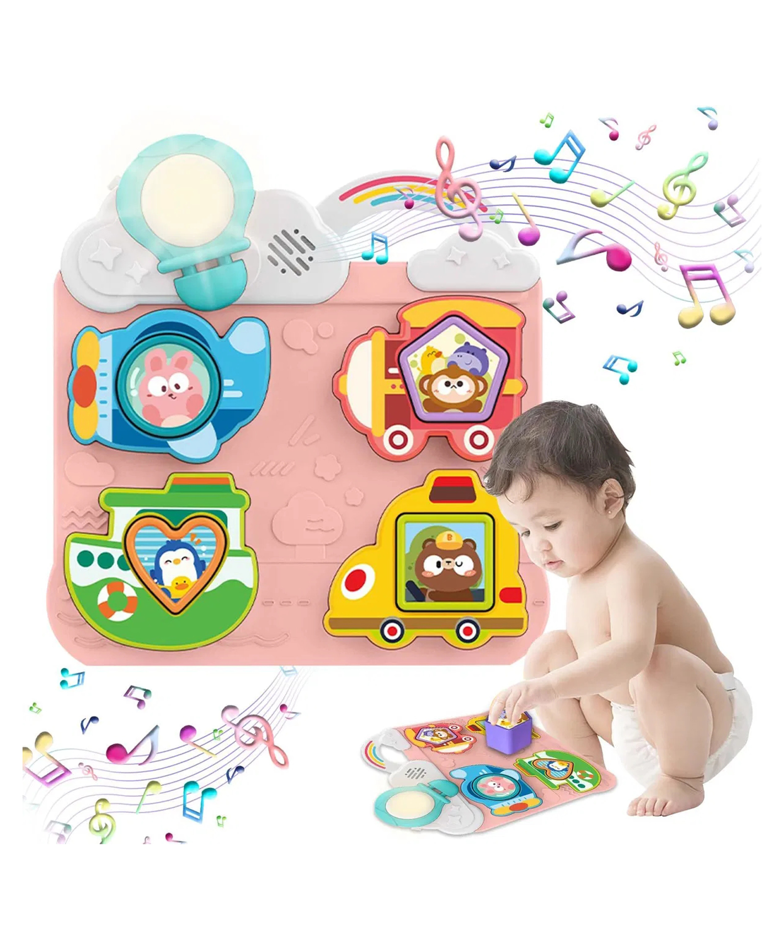 Sanjary Musical Baby Activity Board with Animal Vehicles, Sound Buttons, Light Effects, Sensory Learning, Interactive Developmental Toy for Toddlers - Color Design May Vary-picture-3