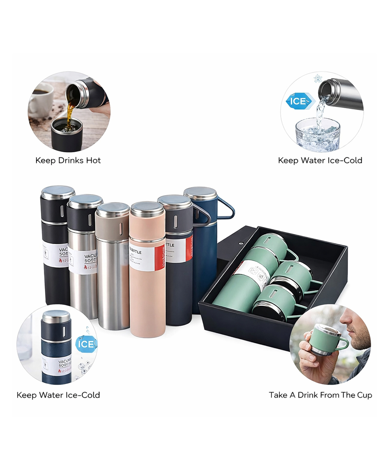 Sanjary Premium Vacuum Flask Gift Set with Insulated Bottle and Two Cups, Stainless Steel Thermal Travel Mug Set - 500 ml-image-4