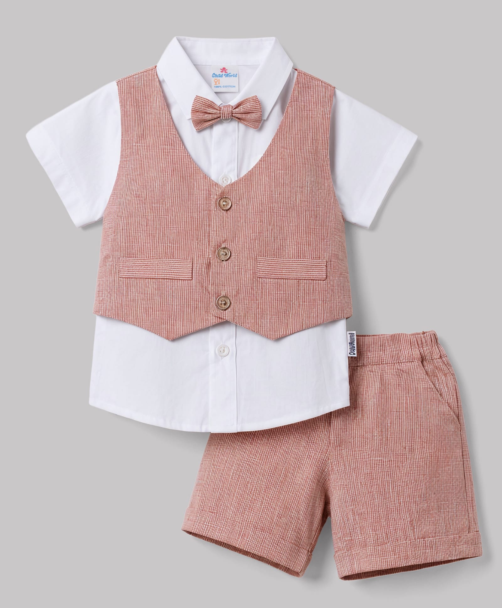 Child World Cotton Knit Half Sleeves Party 3 Piece Suit With Bow - Pink-picture-16