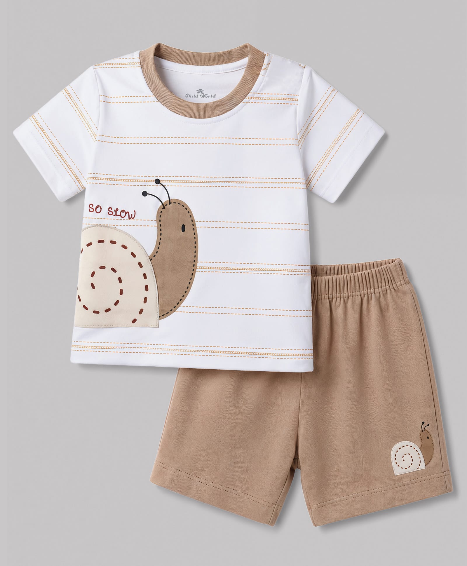 Child World Interlock Knit Half Sleeves T-Shirt & Shorts Set With Snail Print - Brown-picture-15