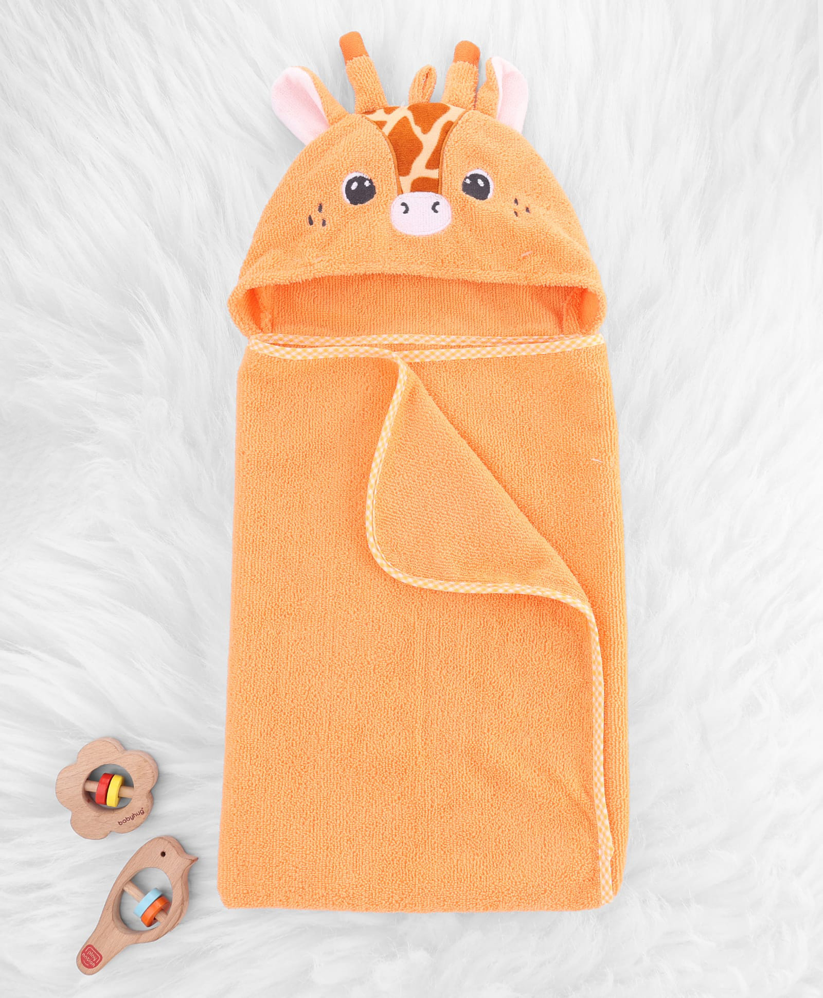 Babyhug Cotton Knit Microfiber Hooded Towel Giraffe Embroidery L 74 x B 74 cm - Orange-image-4