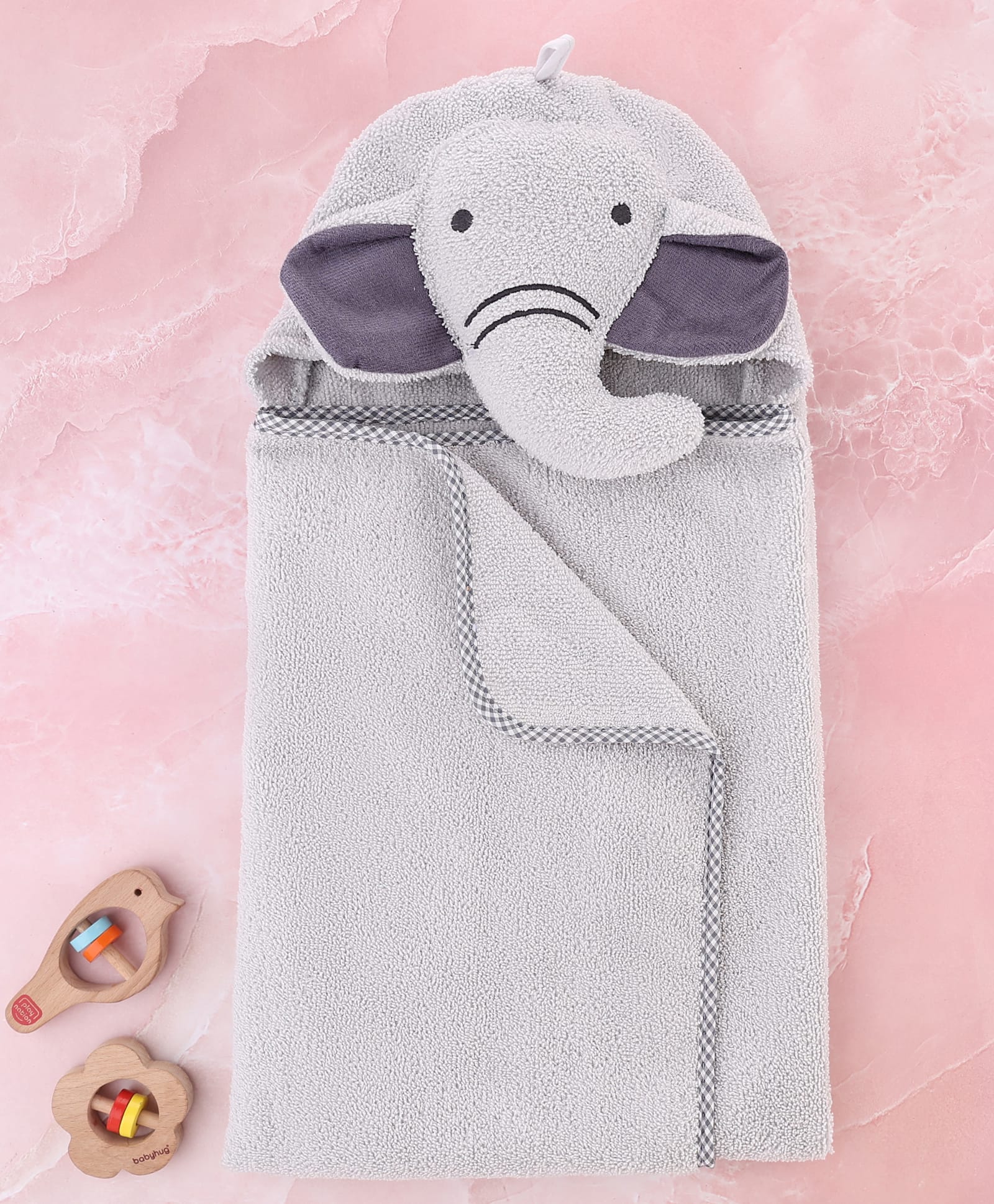 Babyhug Cotton Knit Microfiber Hooded Towel With Elephant Embroidery - Grey-image-8