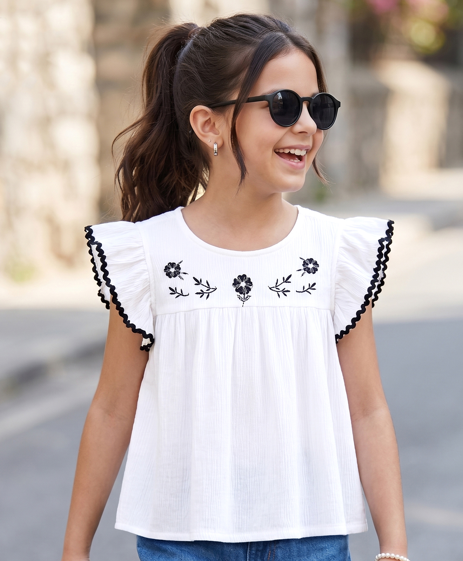 arias by lara dutta Arias Cotton Woven Half Sleeves Crepe Top with Placement Embroidery and Lace Detailing White 3-4 Years-picture-13