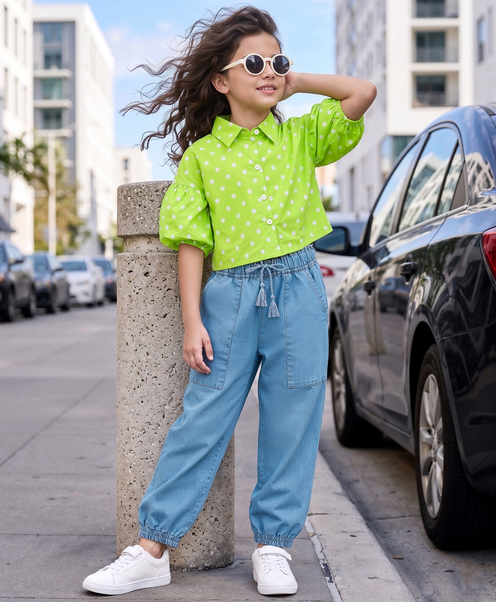 OLLINGTON ST. Sinker Knit Half Sleeves Top & Denim Jogger Set With Polka Dots Print - Multicolor-image-35