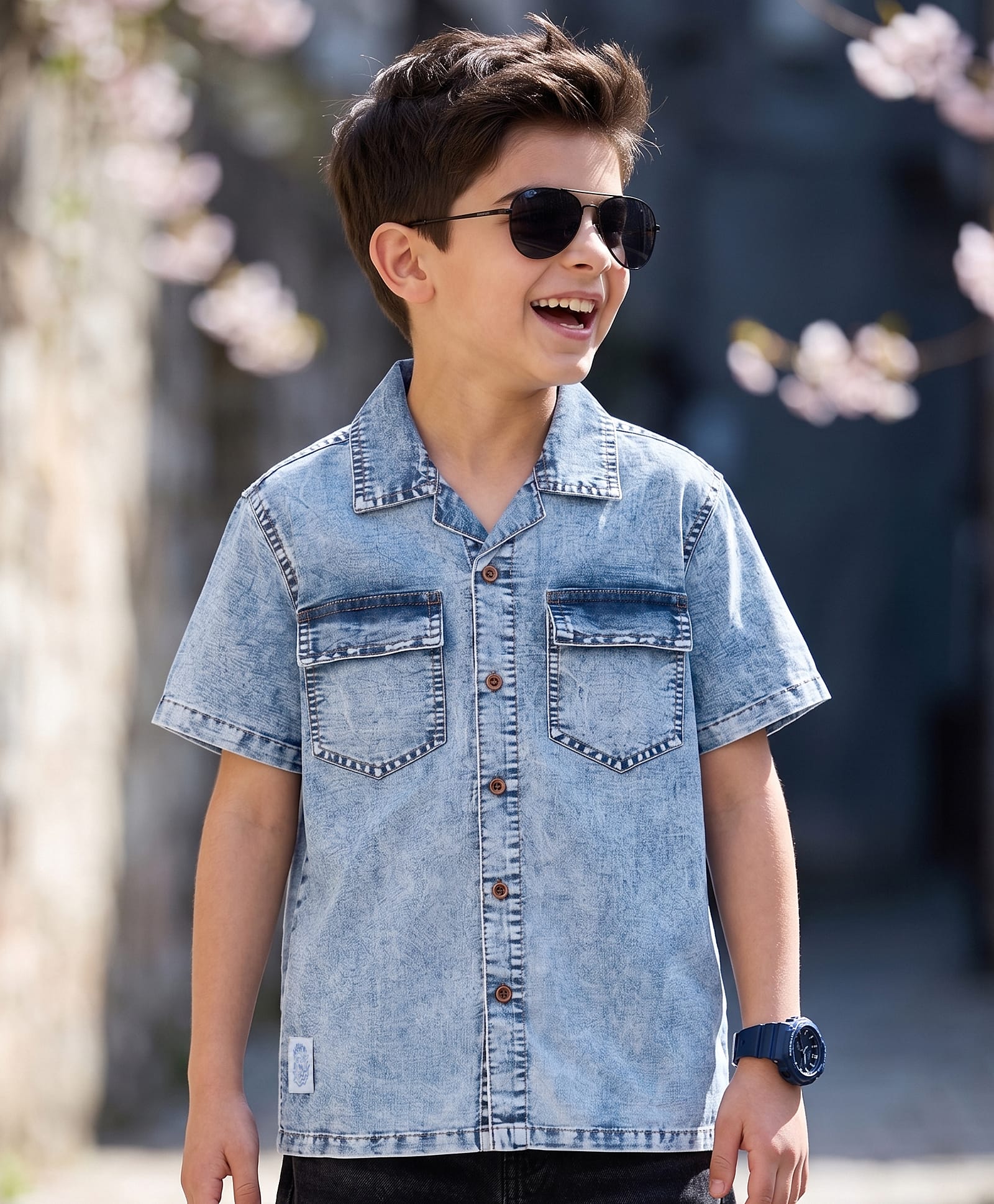 Arias Cotton Woven Washed Half Sleeves Denim Resort Collar Shirt With Badge Detailing - Blue-image-43