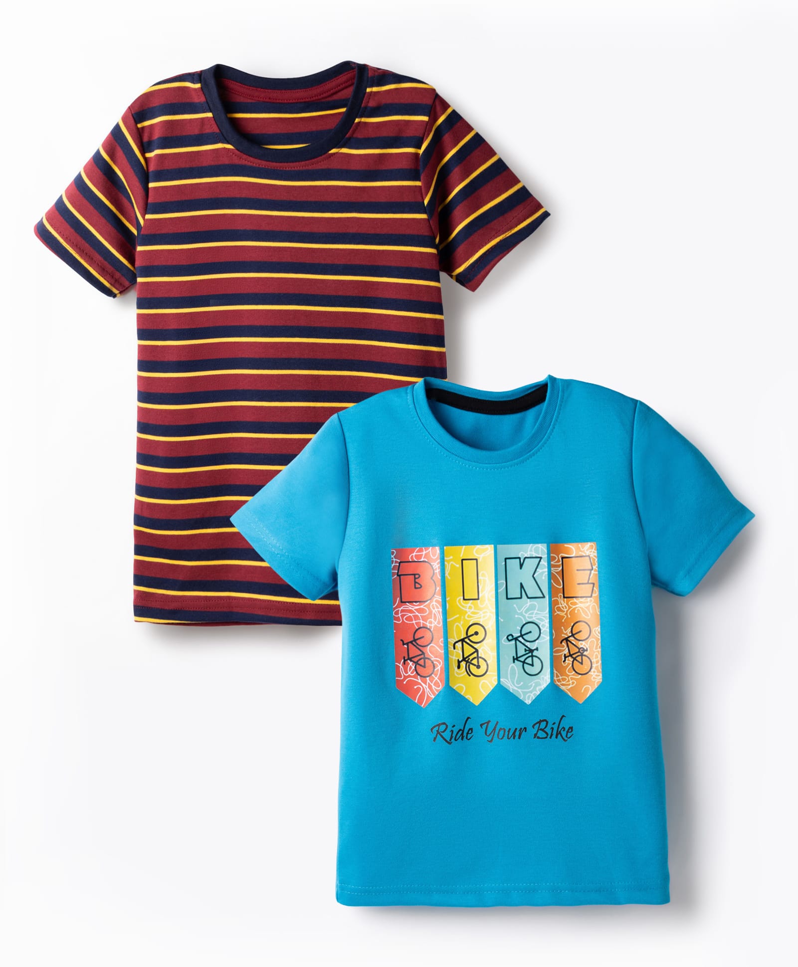 Kidi Wav Pack Of 2 Half Sleeves Striped & Bicycles Printed Tees - Multi Colour-image-23