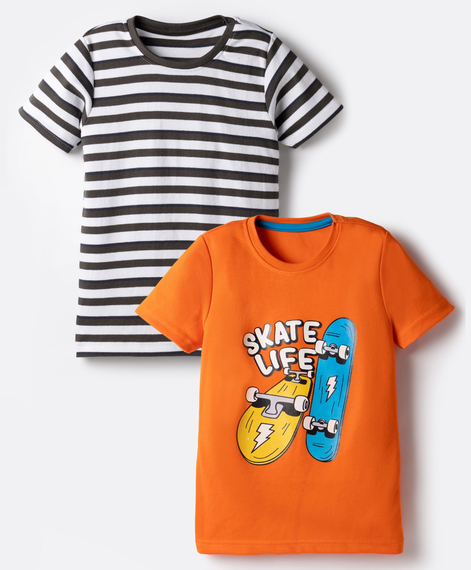 Kidi Wav Pack Of 2 Half Sleeves Striped & Skateboard Printed Tees - Multi Colour-picture-19