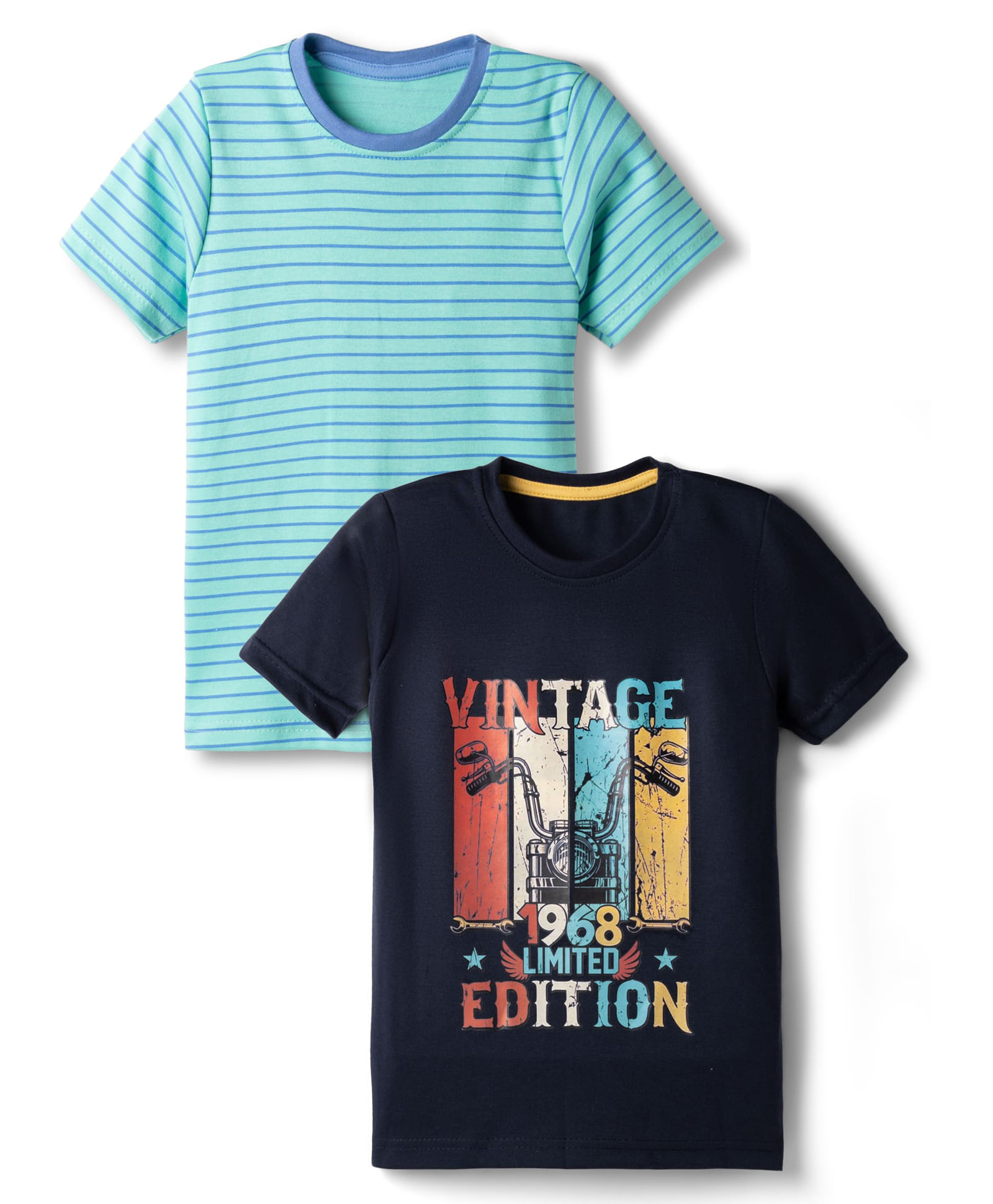Kidi Wav Cotton Knit T-Shirts Half Sleeves Striped & Graphic Pack Of 2 Multi Color 7-8 Years-image-16