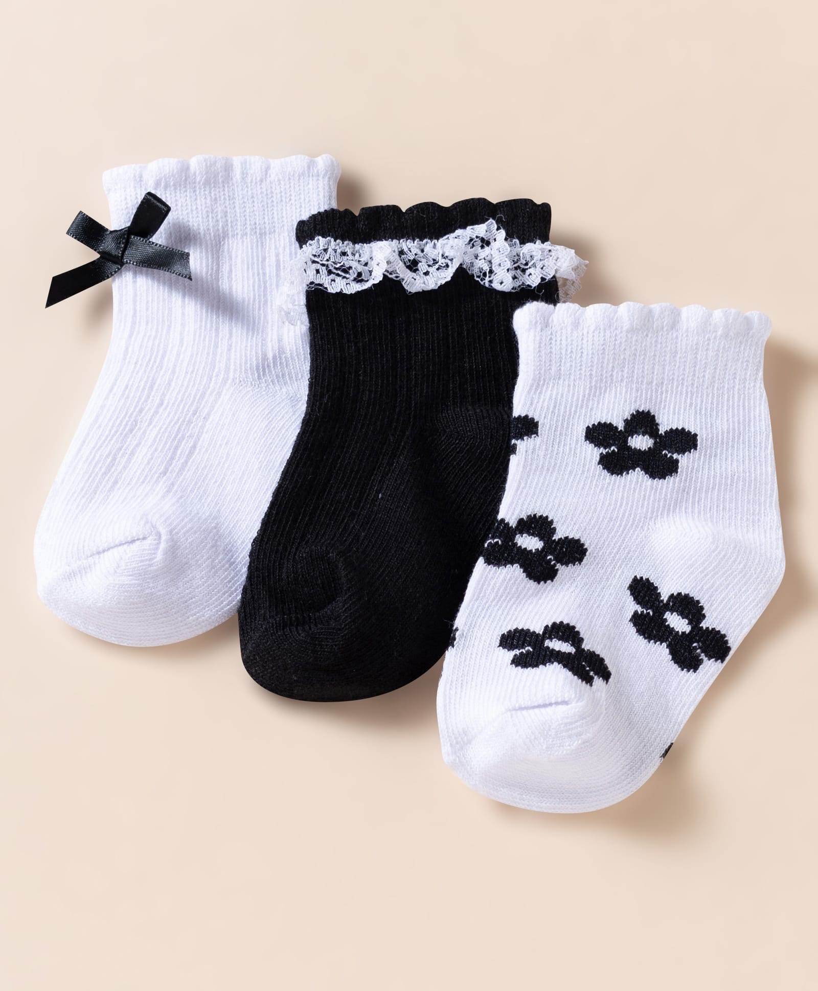 Doodle Poodle Cotton Knit Ankle Length Socks With Floral Design & Lace Bow Applique Pack of 3 - Navy Blue & White-picture-45