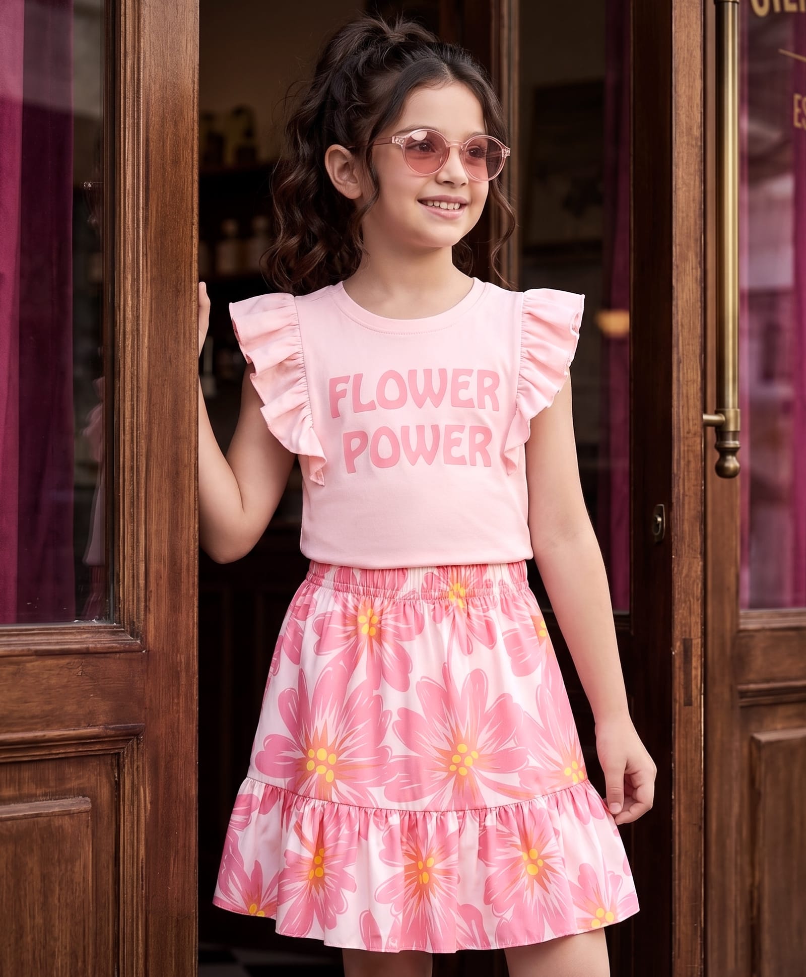 Ollington St. Girls Cotton Knit Frill Sleeve Top With Floral Print & Skirt - Pink-image-14