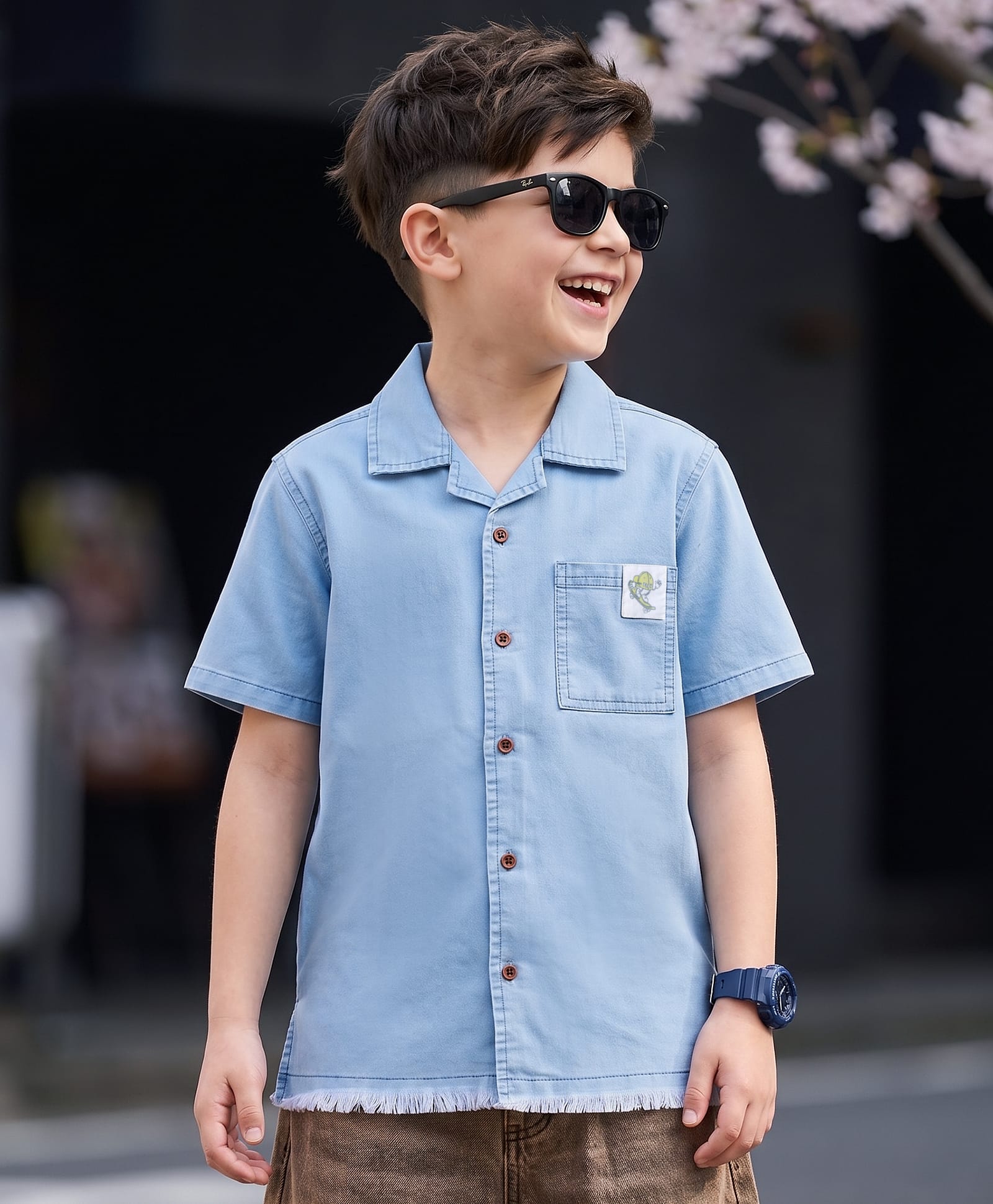 arias by lara dutta Arias Cotton Woven Half Sleeves Washed Denim Shirt With Badge Detailing - Blue-picture-32
