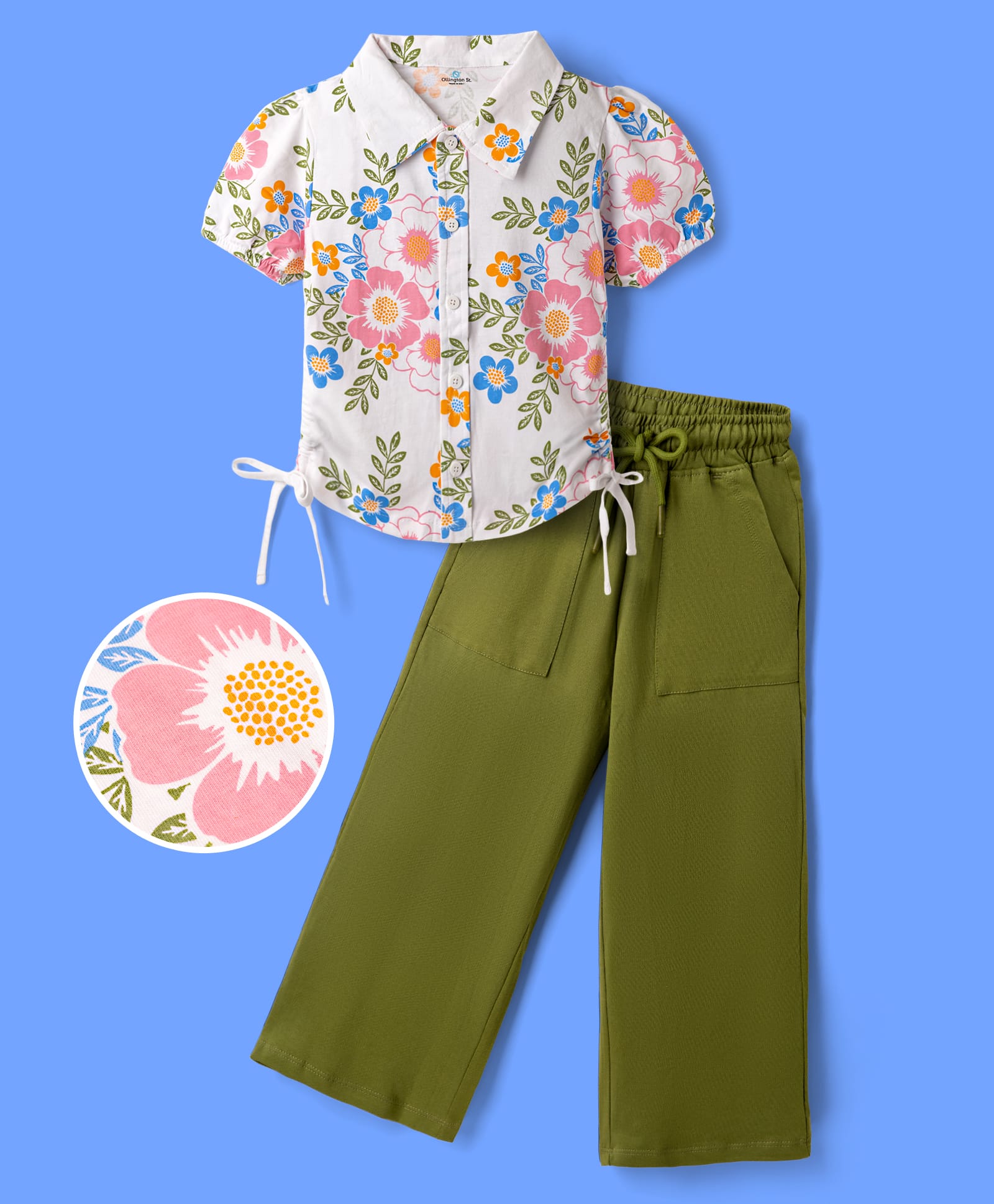 Ollington St. Sinker Knit Half Sleeves Top & Culottes Set with Floral Print - White & Olive Green-picture-19