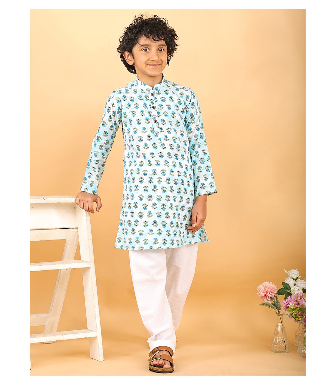 Kinder Kids Cotton Woven Full Sleeves Floral Printed Kurta & Pyjama Set - Blue-picture-20