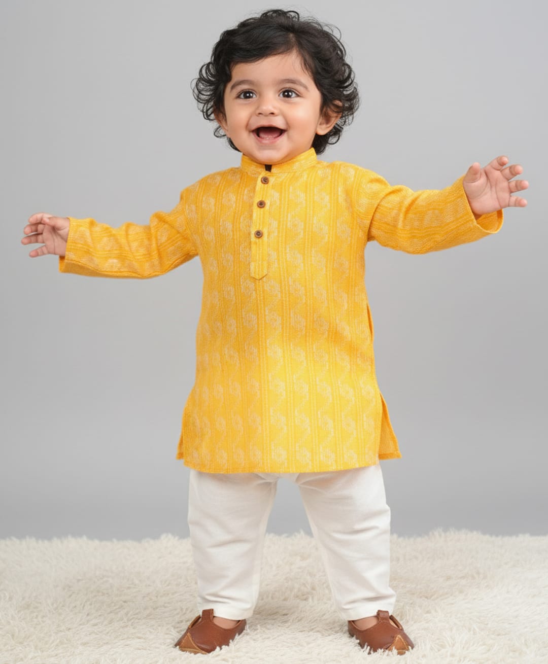 Kinder Kids Cotton Woven Full Sleeves Abstract Printed Kurta & Pyjama Set - Yellow-image-49