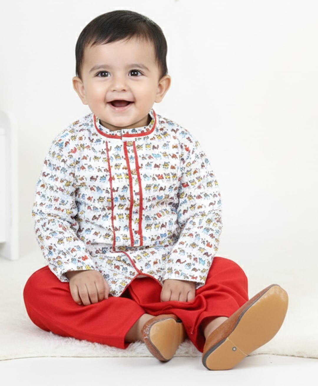 Kinder Kids Cotton Woven Full Sleeves Camel Printed Kurta & Dhoti Set - Red & Cream-picture-35
