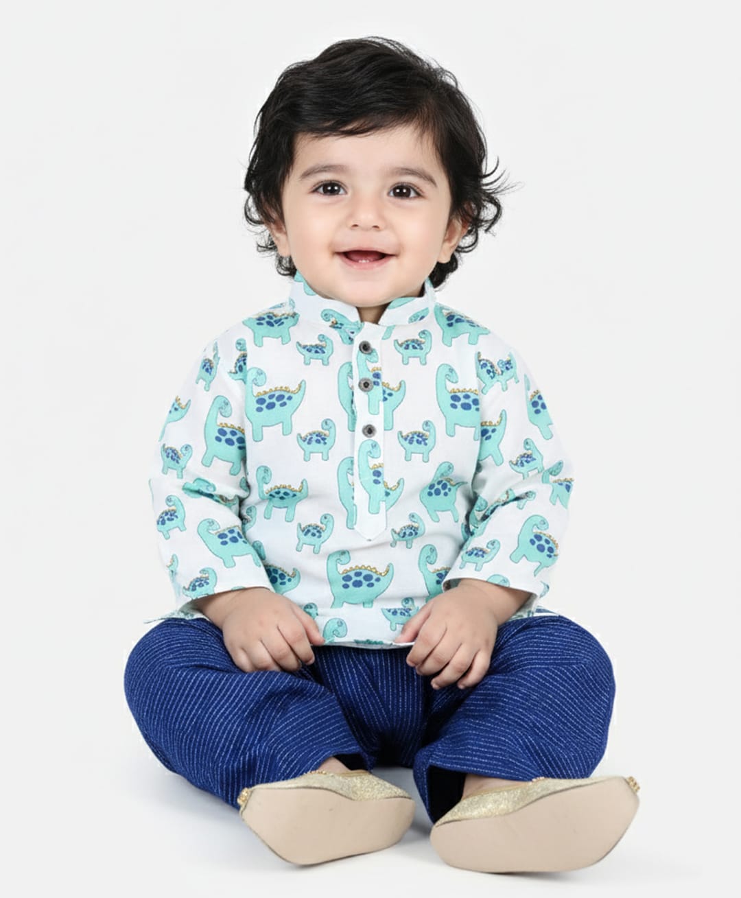 Kinder Kids Cotton Woven Full Sleeves Dinosaur Printed Kurta & Dhoti Set - Blue-picture-16