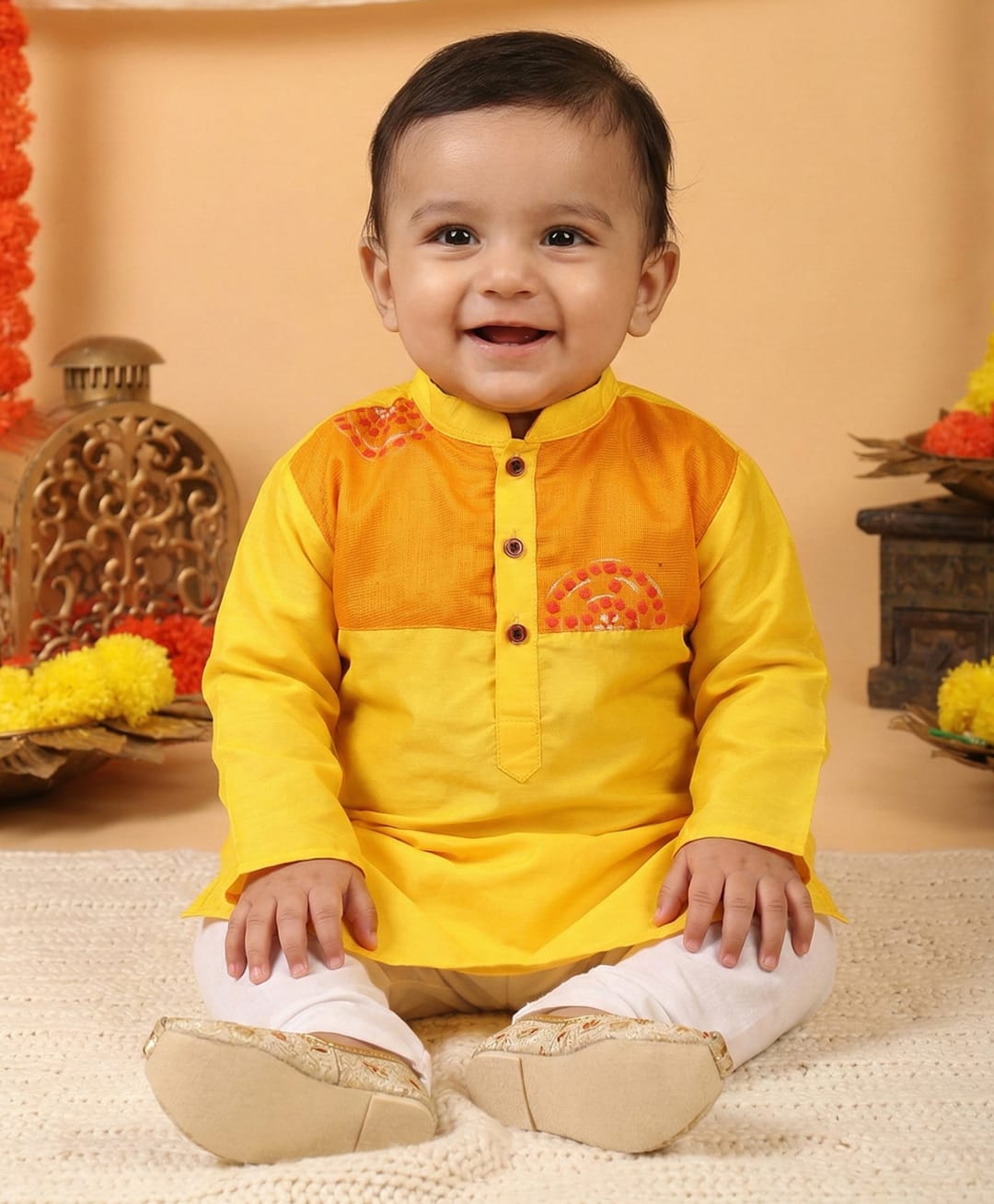 Kinder Kids Cotton Woven Full Sleeves Floral Embroidered Kurta & Pyjama Set - Yellow-picture-20