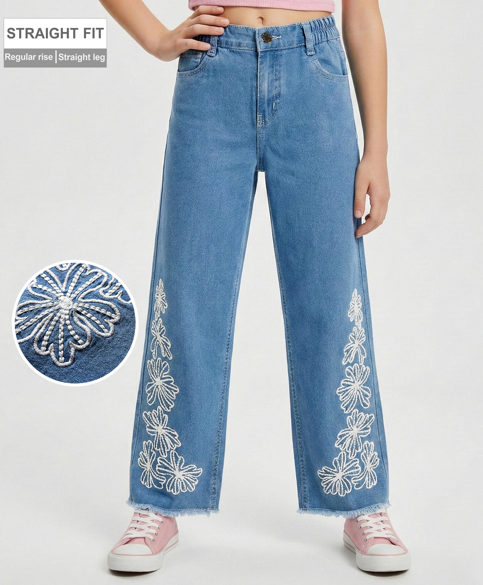 arias by lara dutta Arias Cotton Woven Full Length Jeans with Floral Embroidery - Blue-picture-35
