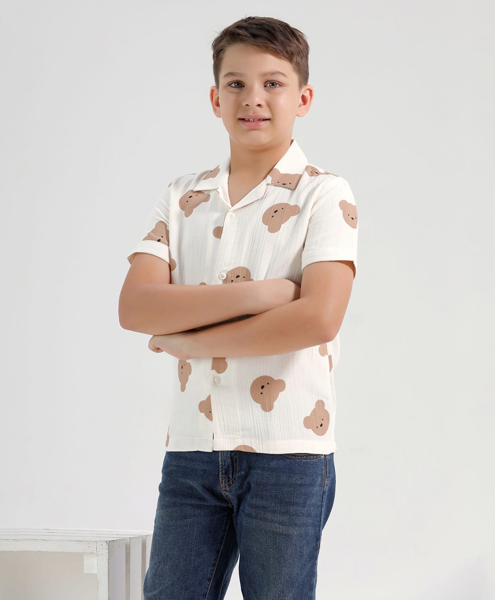 CHILINS Cotton Woven Half Sleeves Bear Printed Shirt - White-image-1
