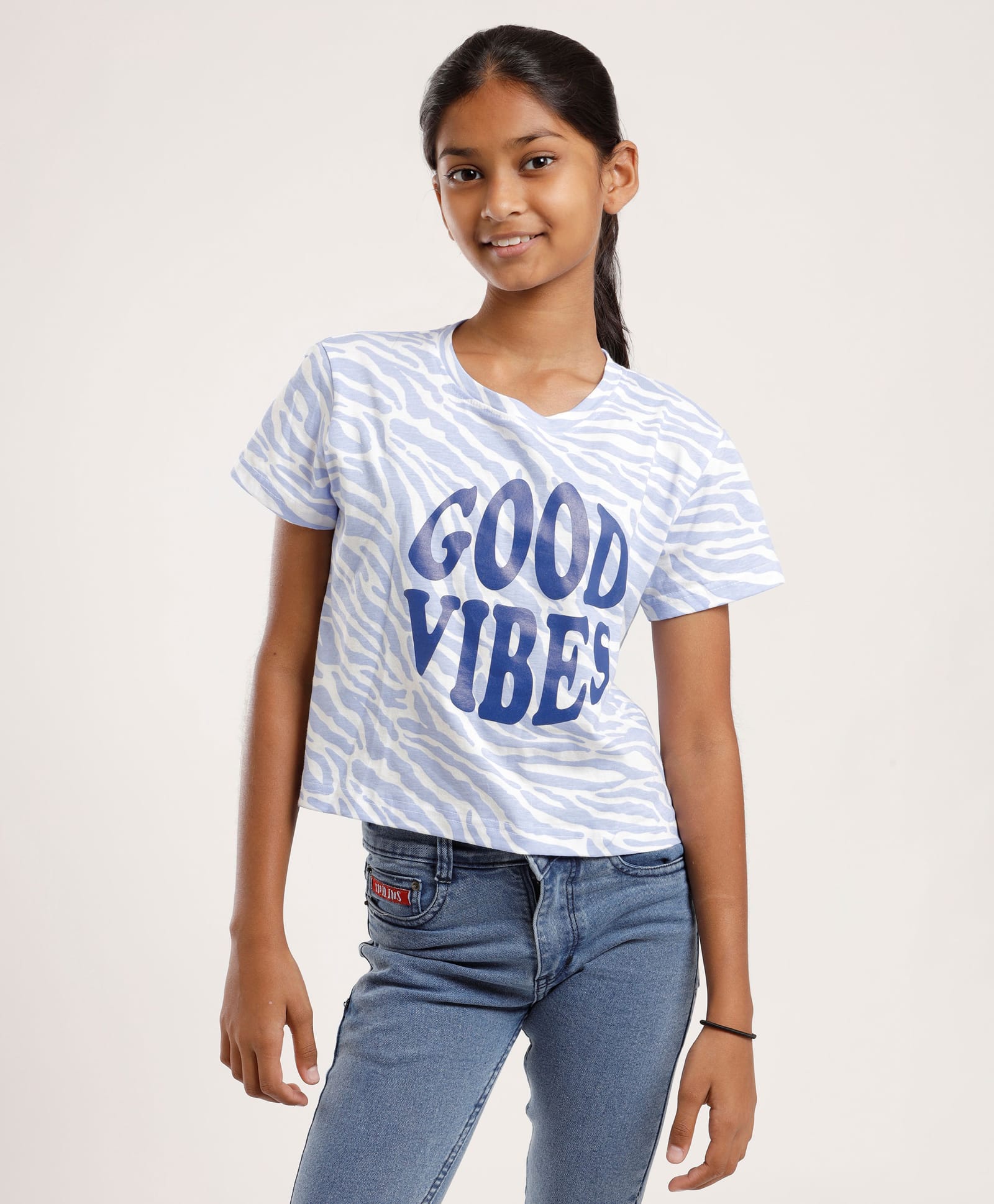 CHILINS 100% Cotton Knit Half Sleeves Good Vibes Text Printed Crop Top - Blue-picture-14