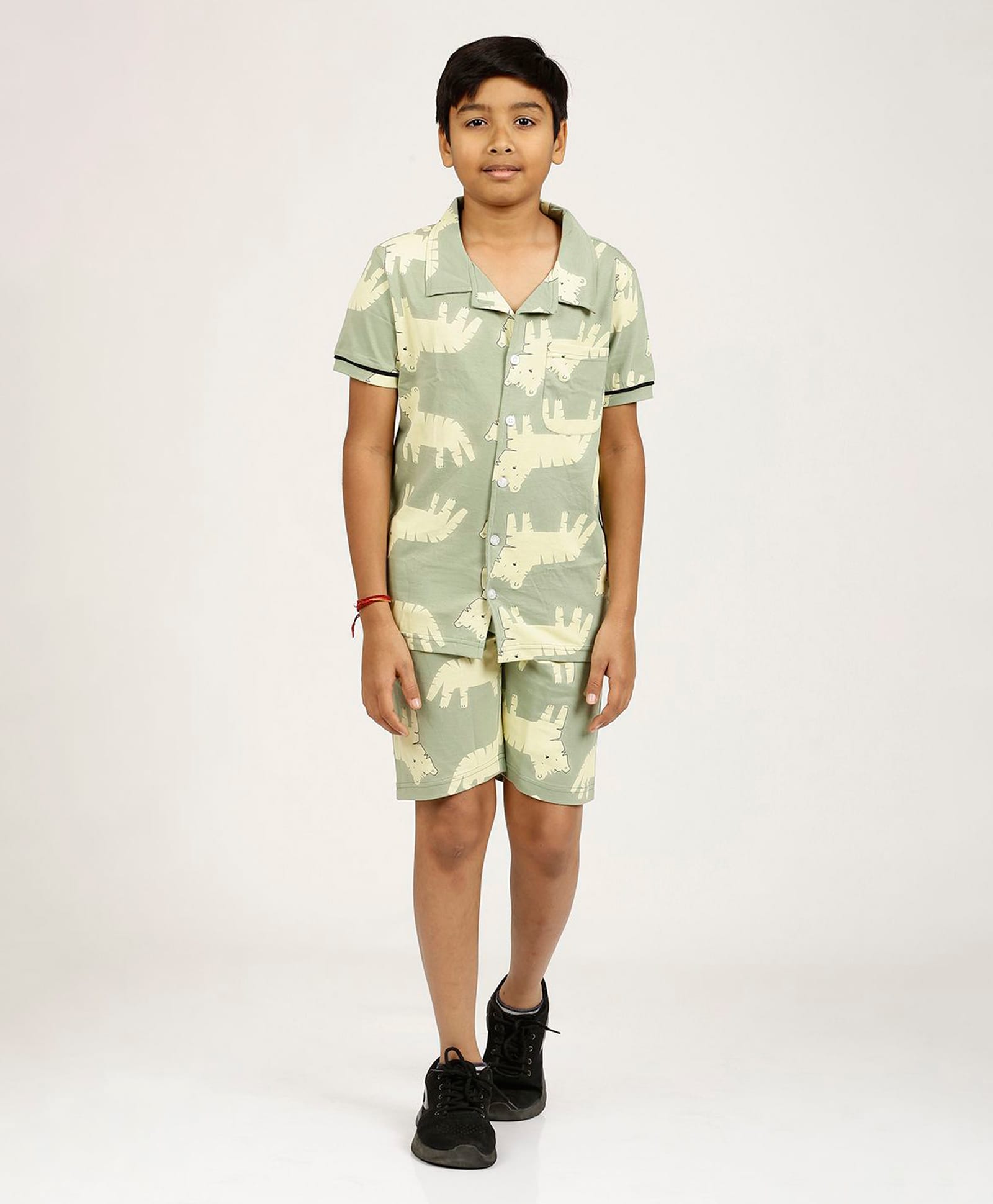 CHILINS Cotton Knit Half Sleeves Tiger Printed Coordinating Shirt & Shorts Night Suit - Light Green-picture-29