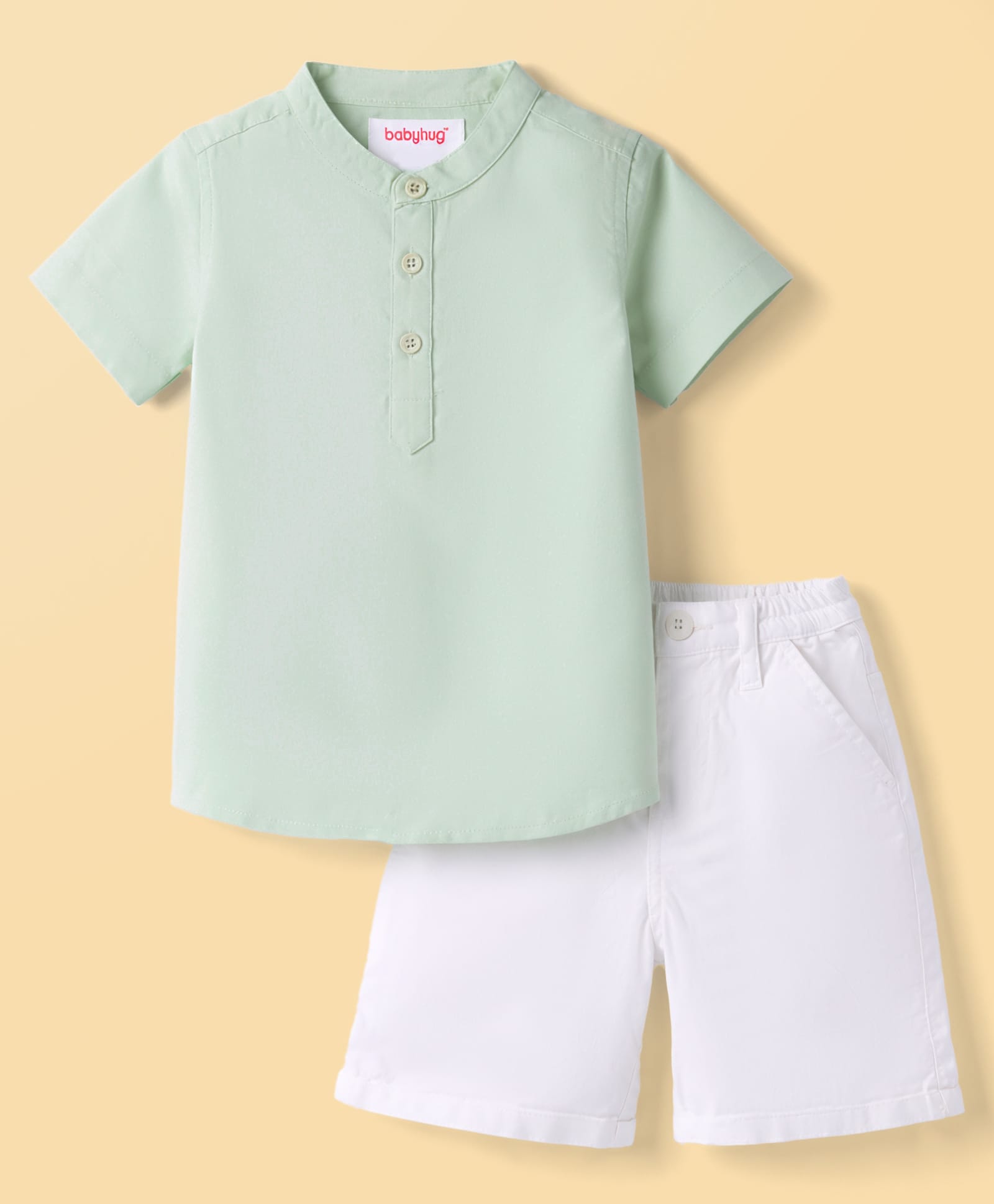 Babyhug Cotton Woven Half Sleeves Mandarin Collar Kurta Style Shirt & Shorts Set - Light Green-image-38