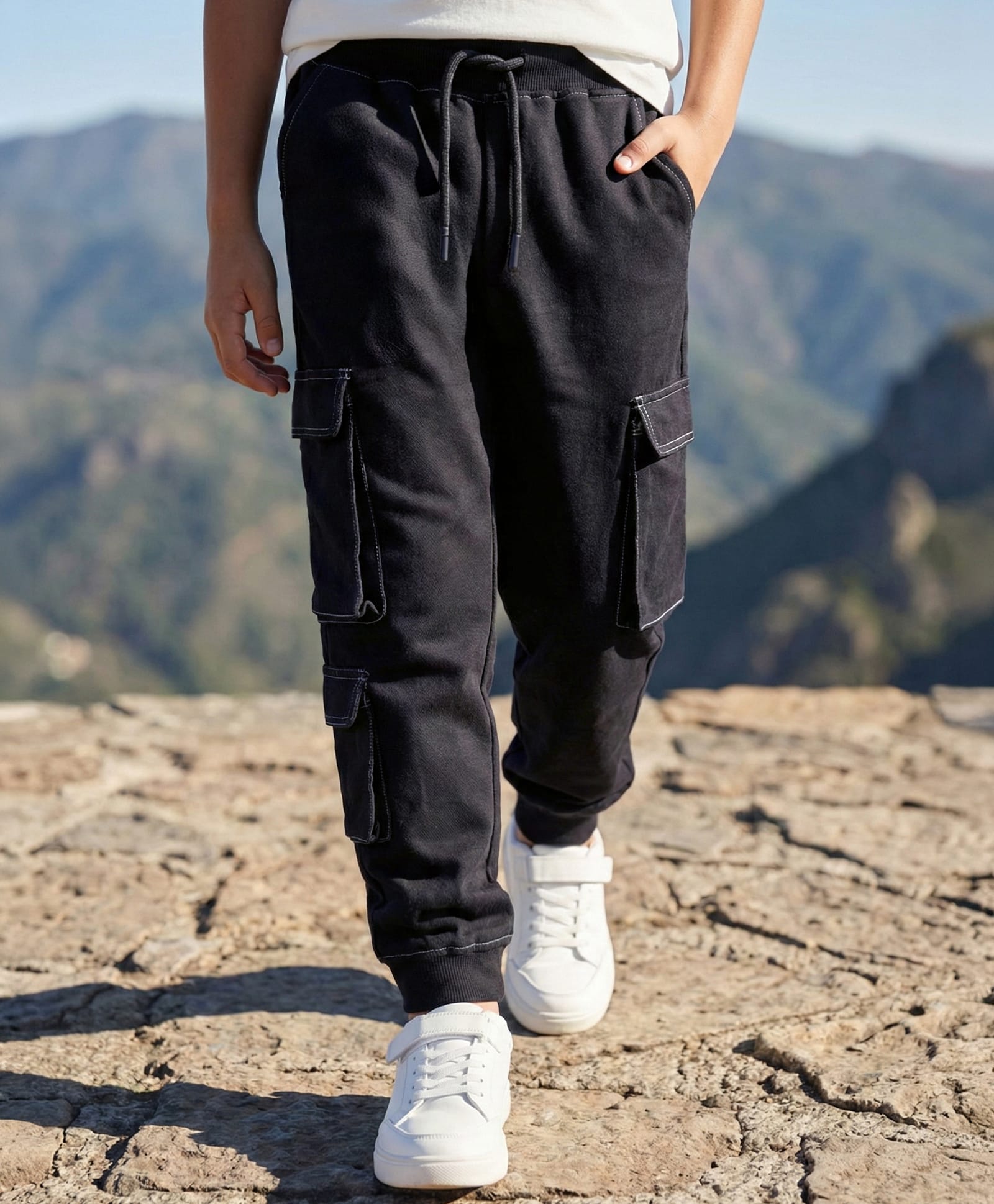 arias by lara dutta Arias 100% Cotton Terry Knit Full Length Solid Jogger With Cargo Pockets - Black-picture-15