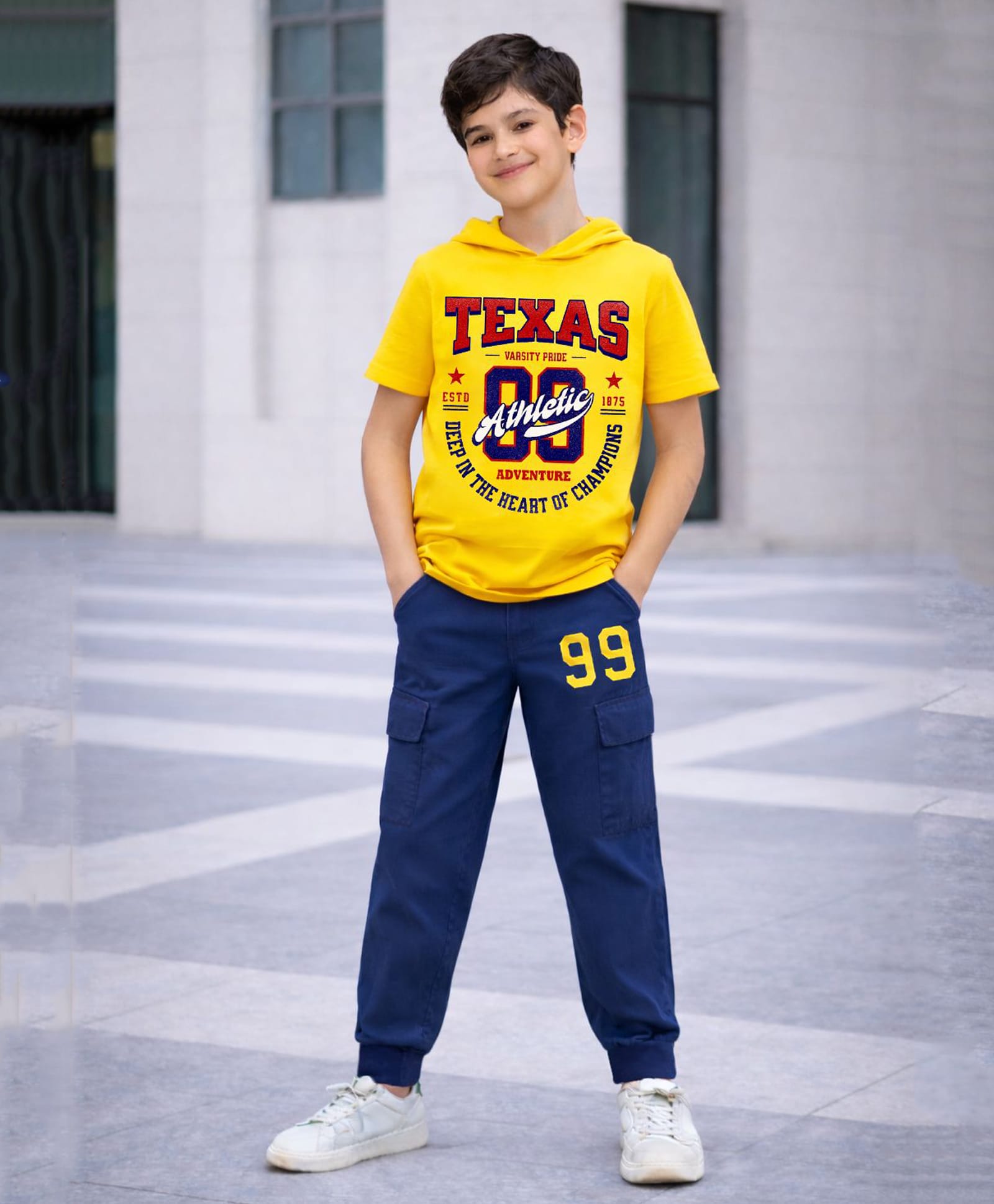 Trampoline Cotton Blend Knit Half Sleeves Texas Text Printed Hooded Tee & Joggers Set - Yellow & Blue-picture-24