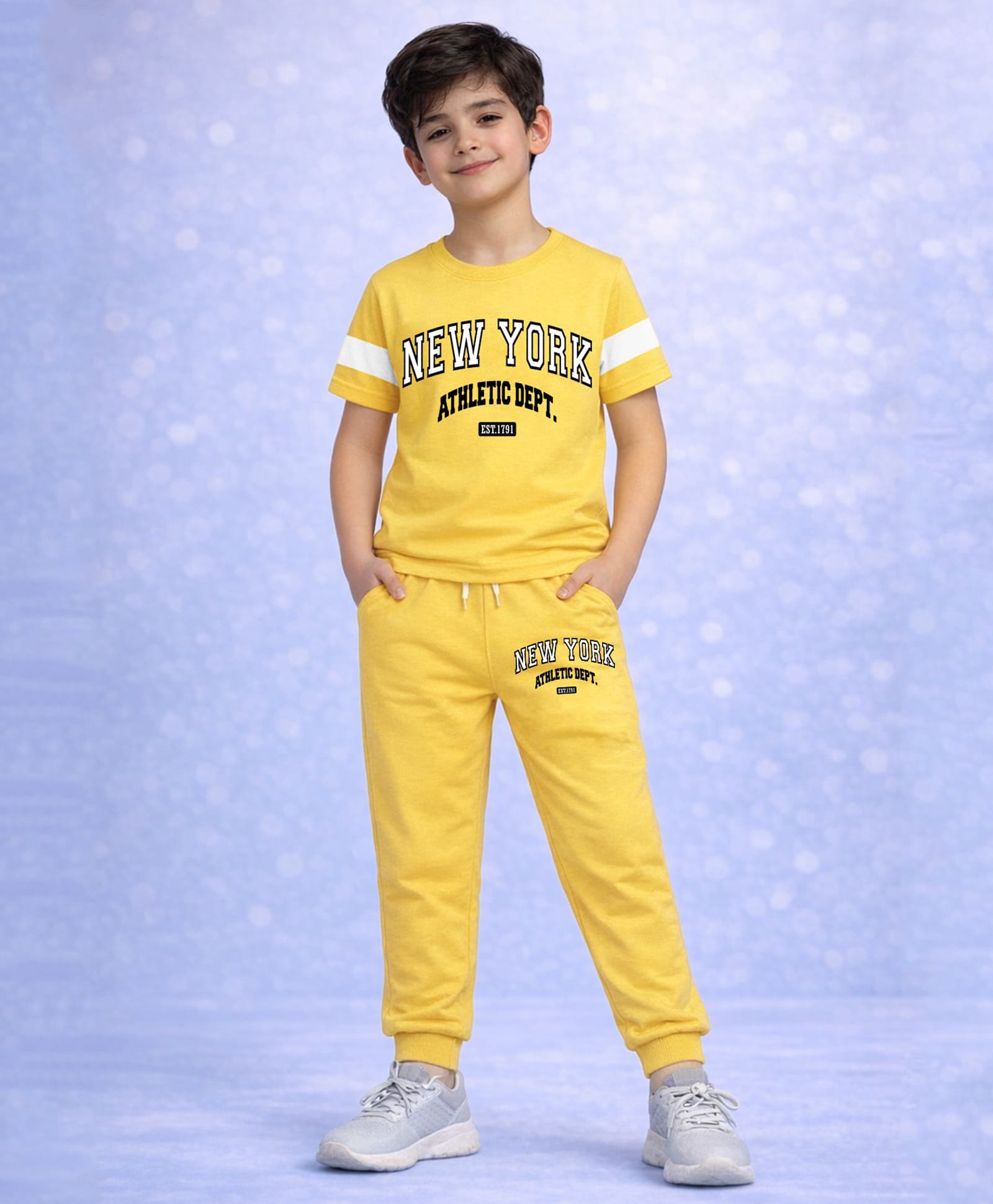 Trampoline Cotton Blend Knit Half Sleeves New York Text Printed Tee & Joggers Set - Yellow-image-7