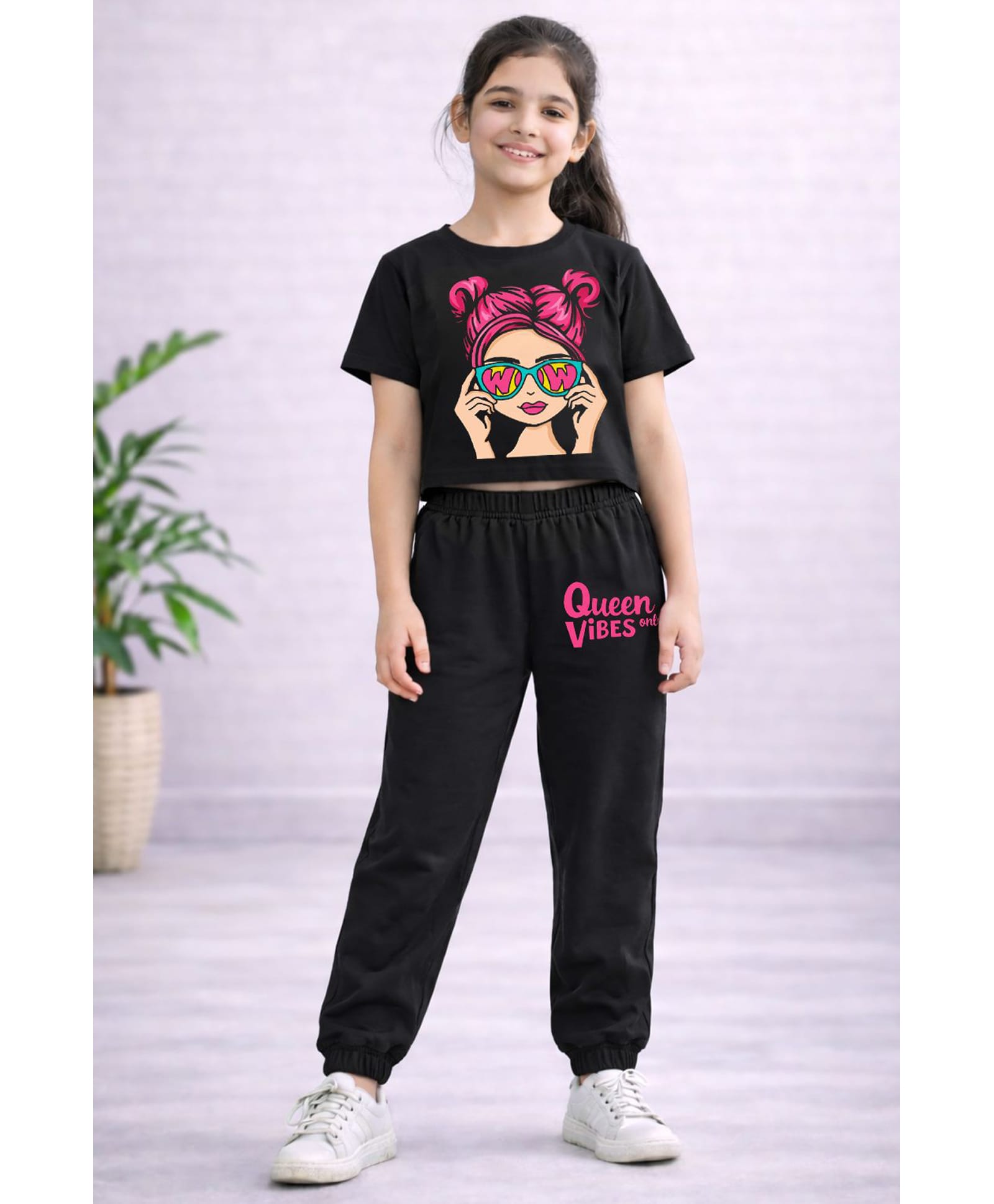 Trampoline Cotton Blend Knit Half Sleeves Girl Printed Tee & Joggers Set - Black-image-30