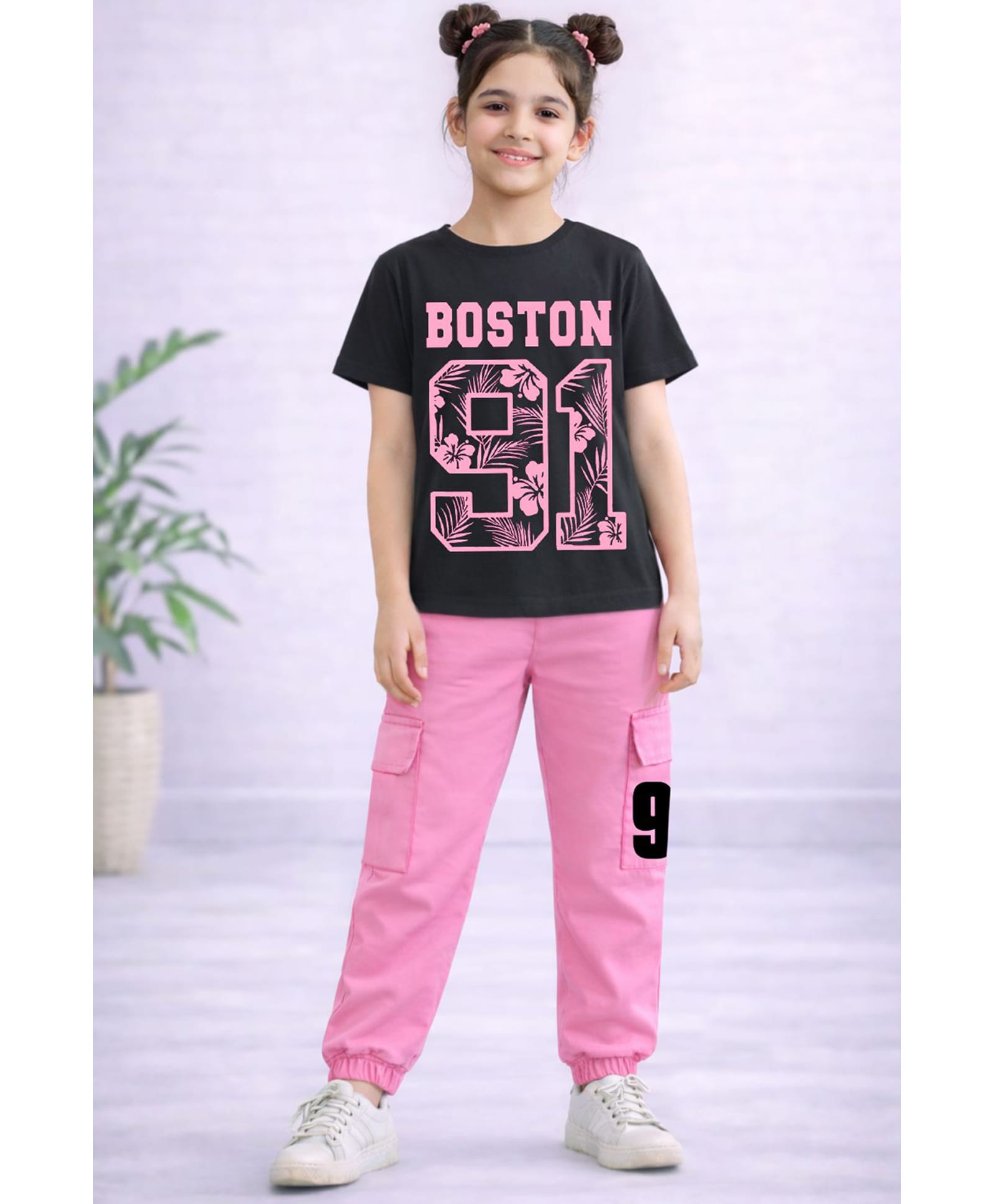Trampoline Cotton Blend Knit Half Sleeves Numeric Printed Tee & Joggers Set - Black Pink-image-32
