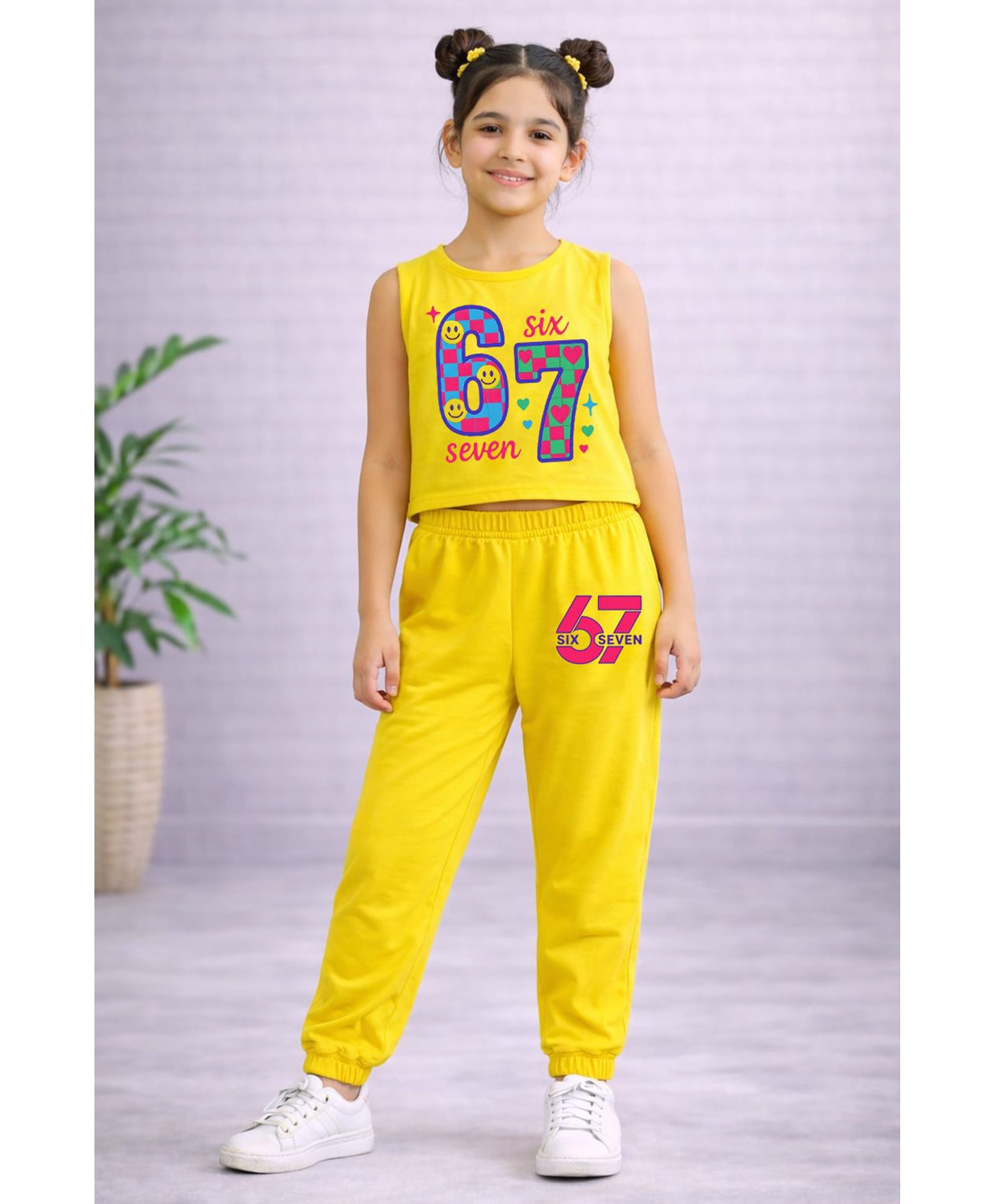 Trampoline Cotton Blend Knit Sleeveless Numeric Printed Tee & Joggers Set - Yellow-image-24