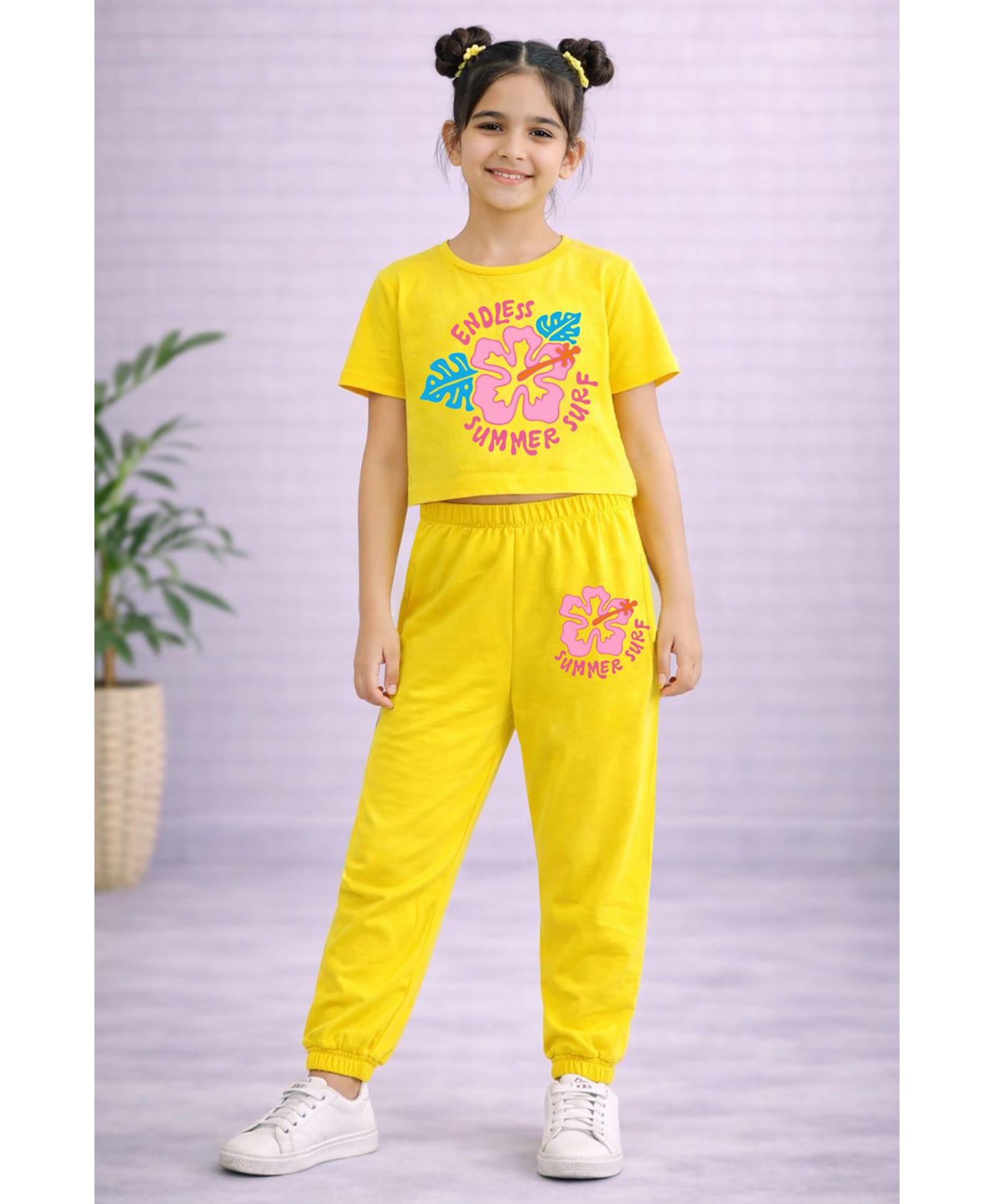 Trampoline Cotton Blend Knit Half Sleeves Floral Printed Tee & Joggers Set - Yellow-picture-11