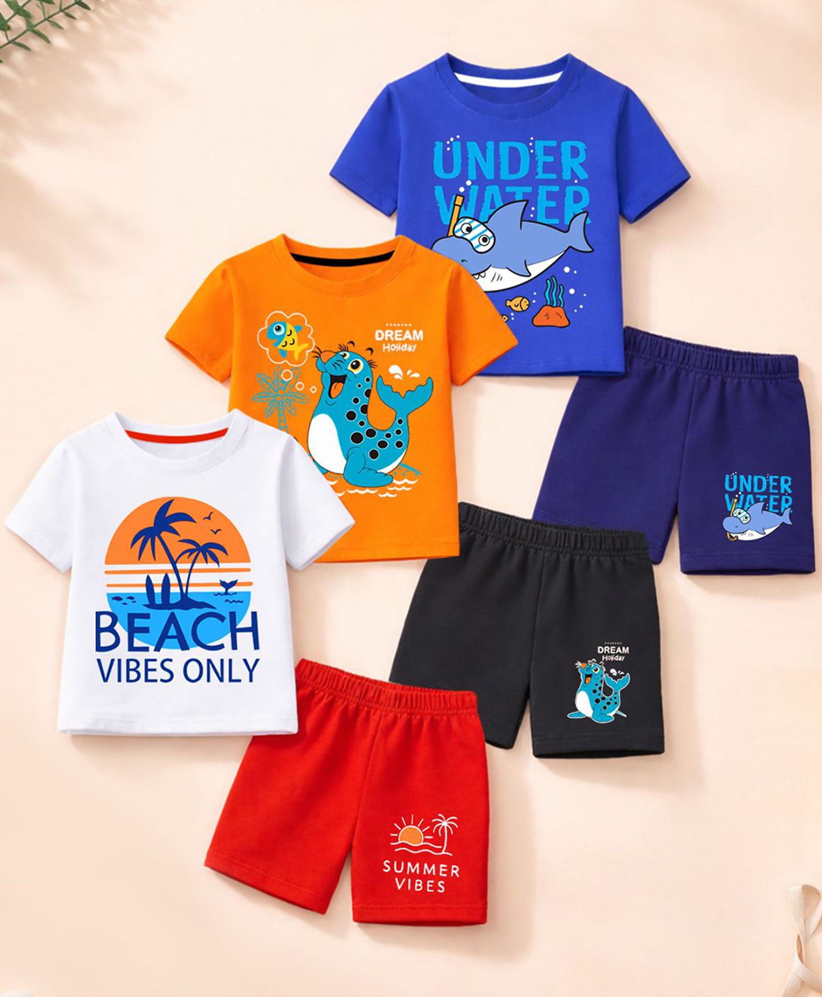 Trampoline Cotton Blend Knit Pack Of 3 Half Sleeves Beach Theme Printed Tee & Shorts Set - Multi Colour-image-26