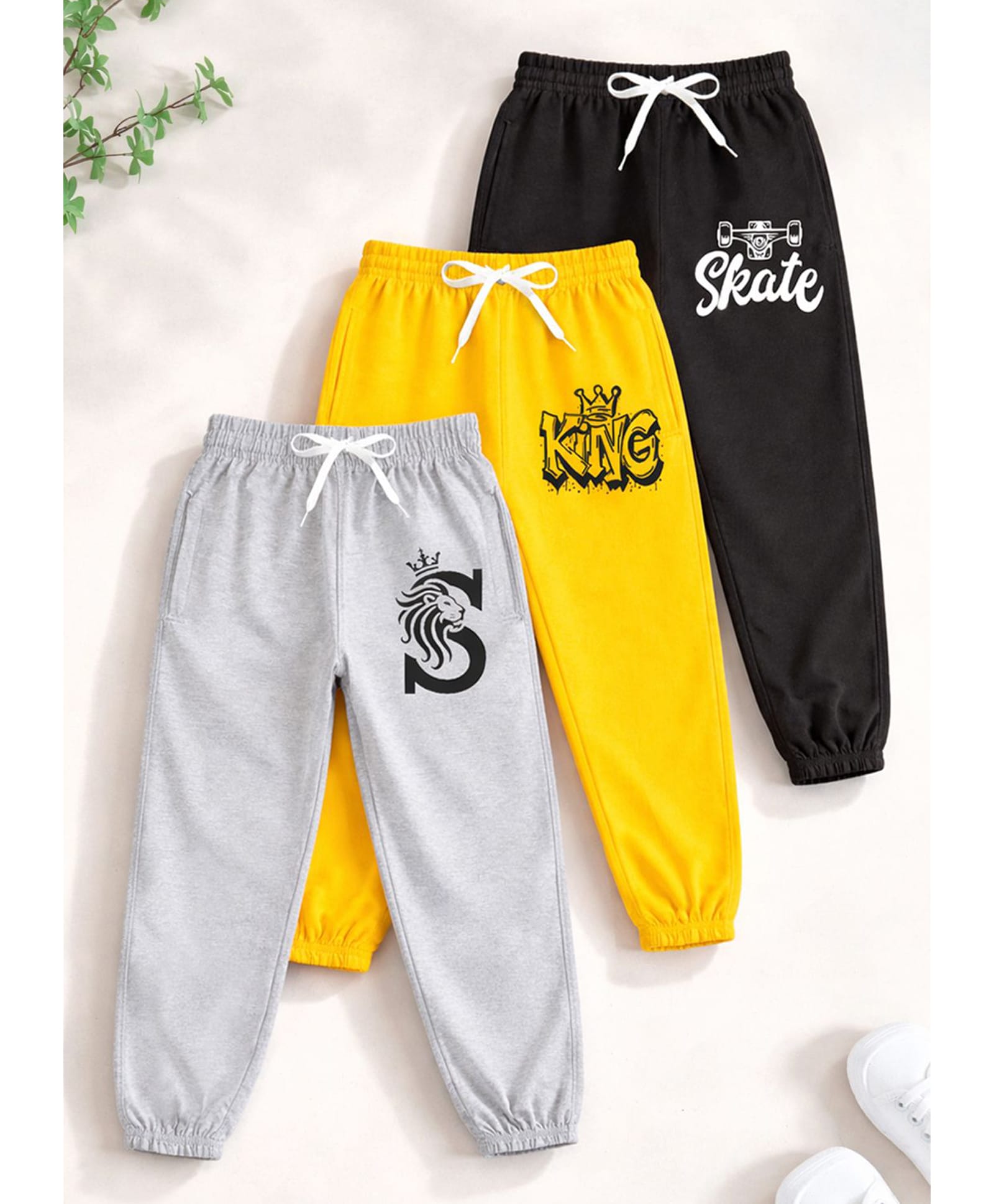 Trampoline Cotton Blend Knit Pack Of 3 King & Skate Text Printed Joggers - Yellow Black & Grey-image-48