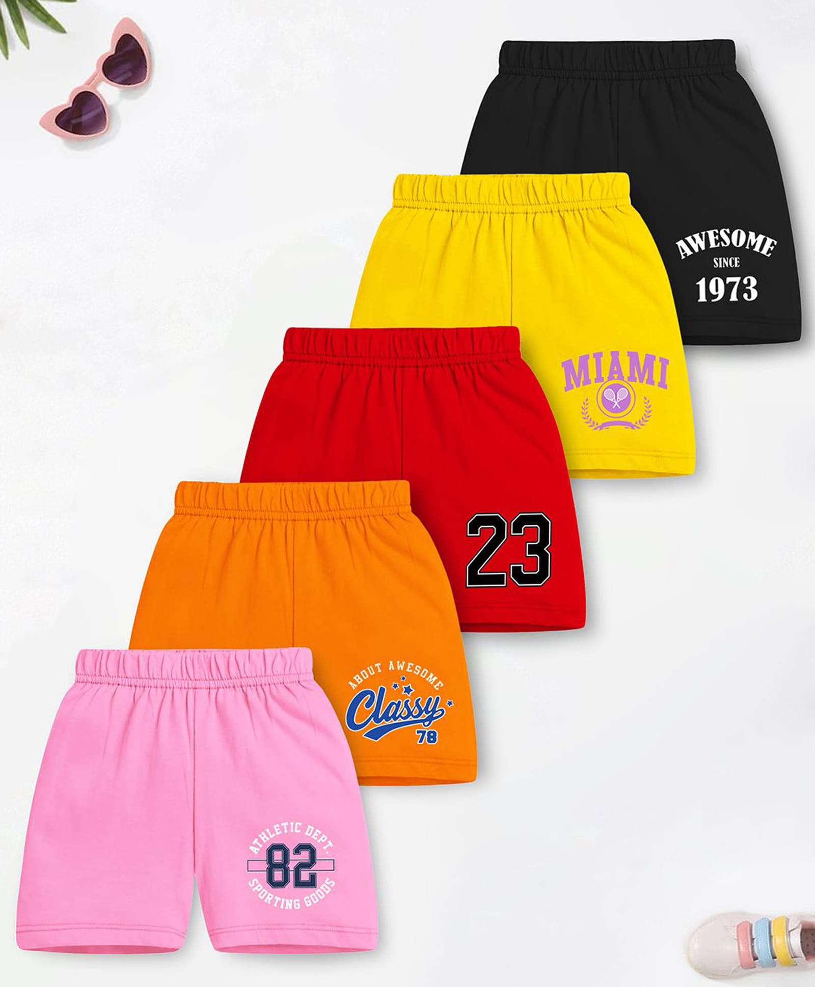 Trampoline Cotton Blend Knit Pack Of 5 Typography & Numerical Printed Shorts - Multi Colour-image-15