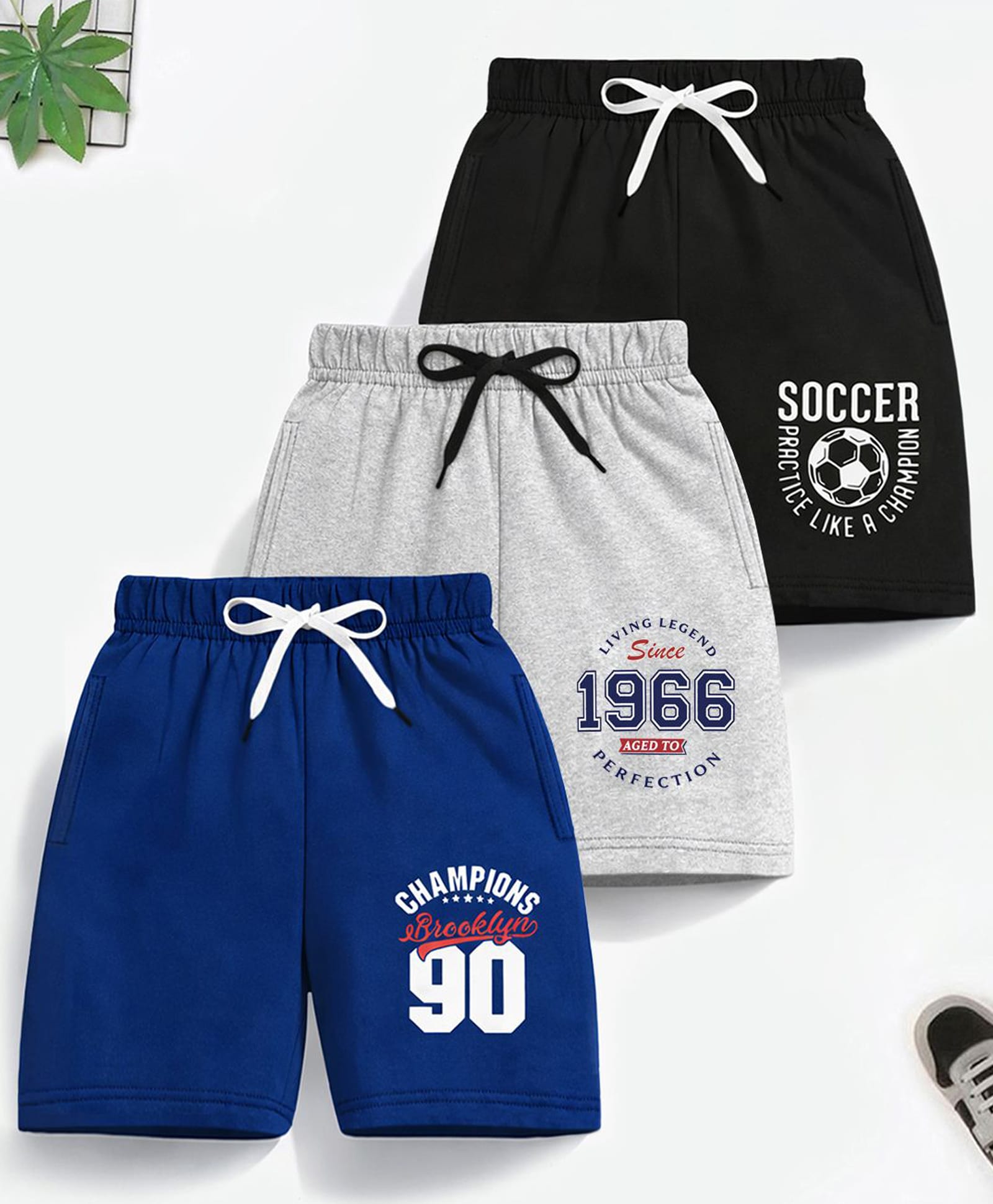 Trampoline Cotton Blend Knit Pack Of 3 Numeric & Typography Printed Shorts - Grey Blue & Black-picture-14