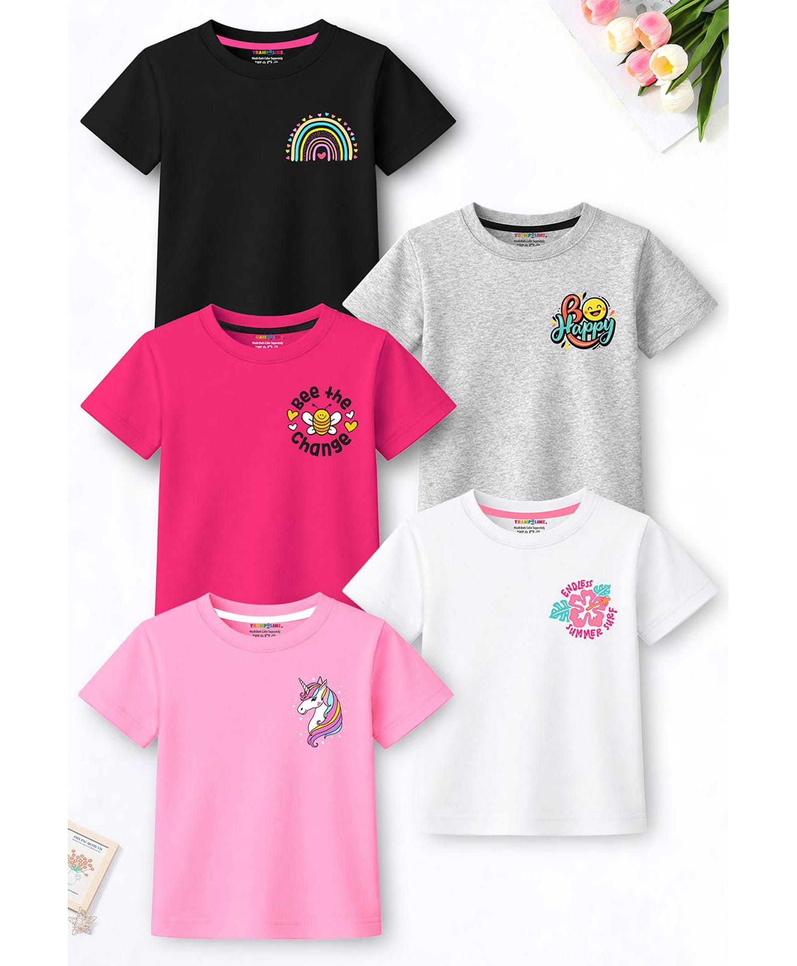 Trampoline Cotton Blend Knit Pack Of 5 Half Sleeves Unicorn Floral & Typography Printed Printed Tees - Multi Colour-image-11