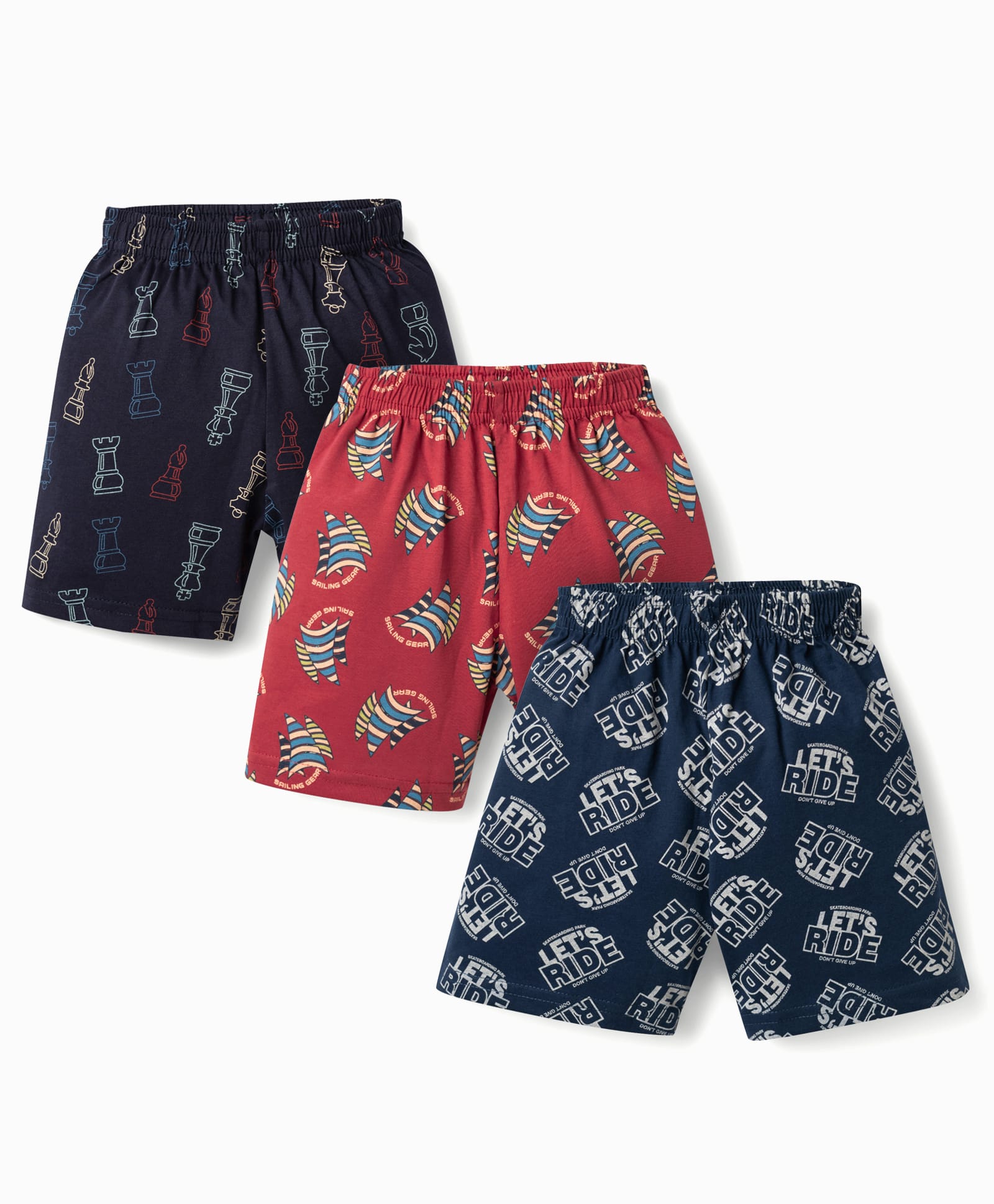 CUCUMBER Sinker Knit Above Knee Length Nautical Theme Printed Shorts Pack of 3 - Navy Blue Red & Charcoal Grey-picture-38